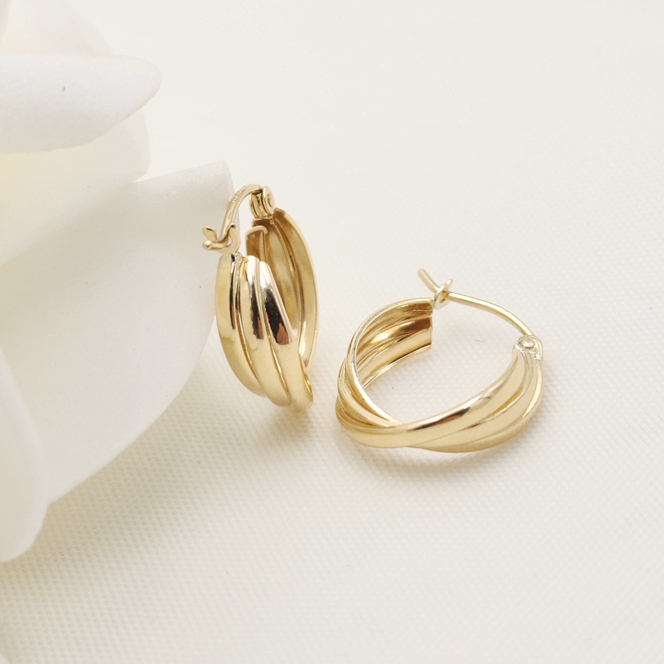 14k Gold Triple Polished Hoop Earrings