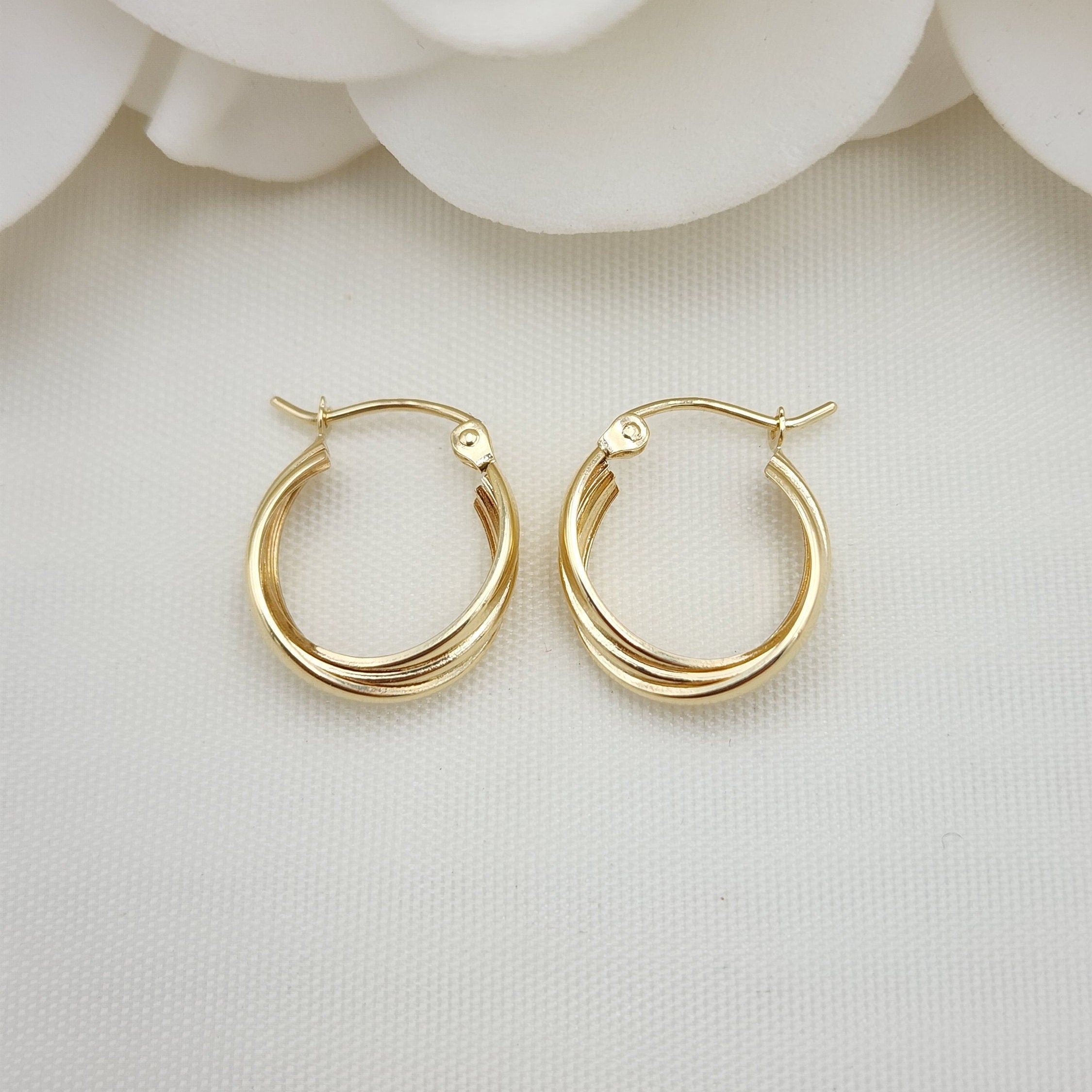 14k Gold Triple Polished Hoop Earrings