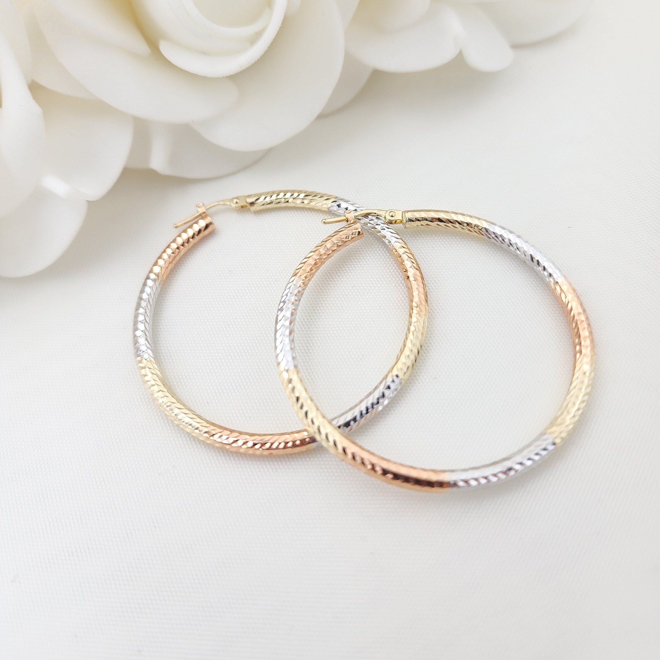 45mm 3 Tones 14k Gold Hoop Earrings - 3mm Thick - For Her - White, yellow and rose Gold