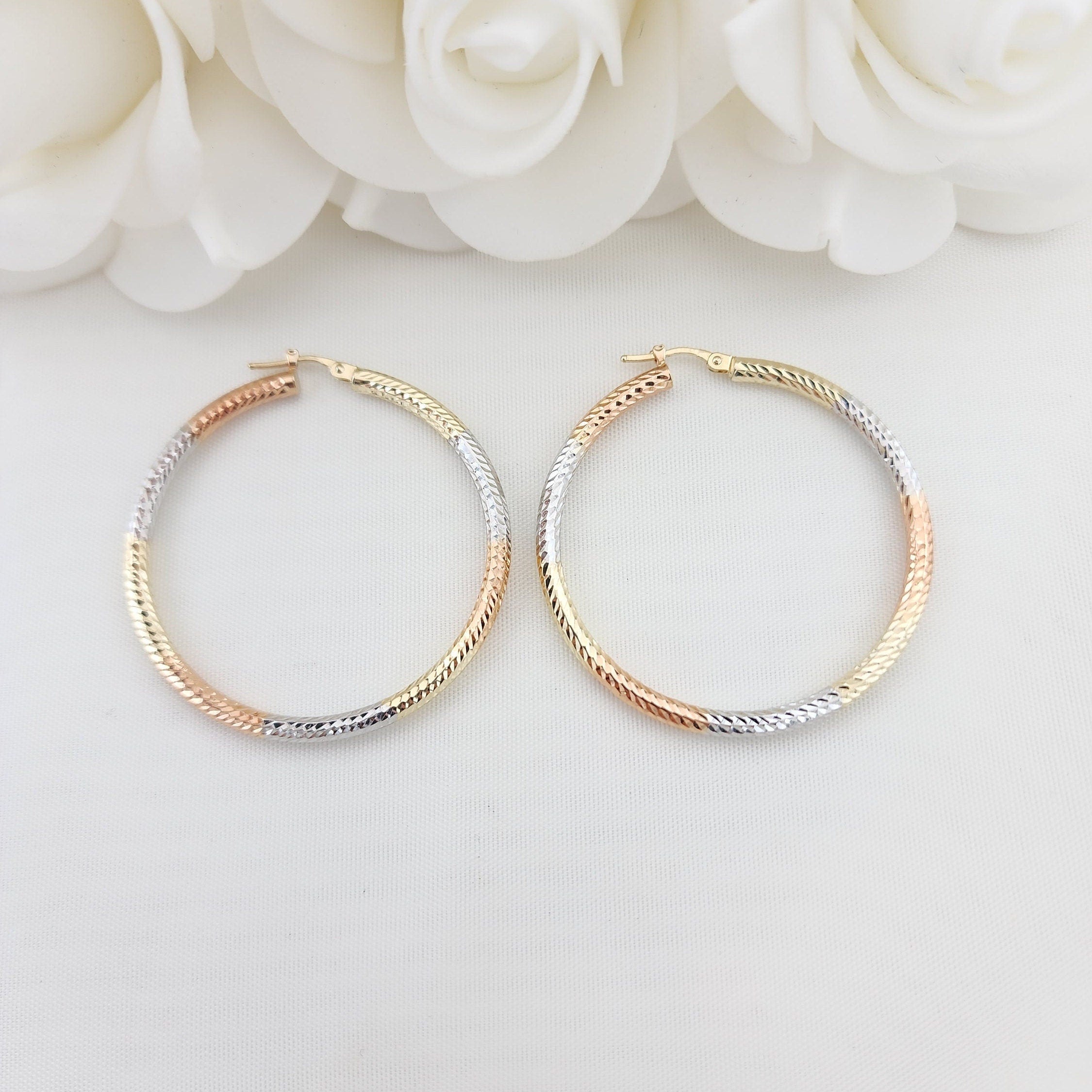 45mm 3 Tones 14k Gold Hoop Earrings - 3mm Thick - For Her - White, yellow and rose Gold