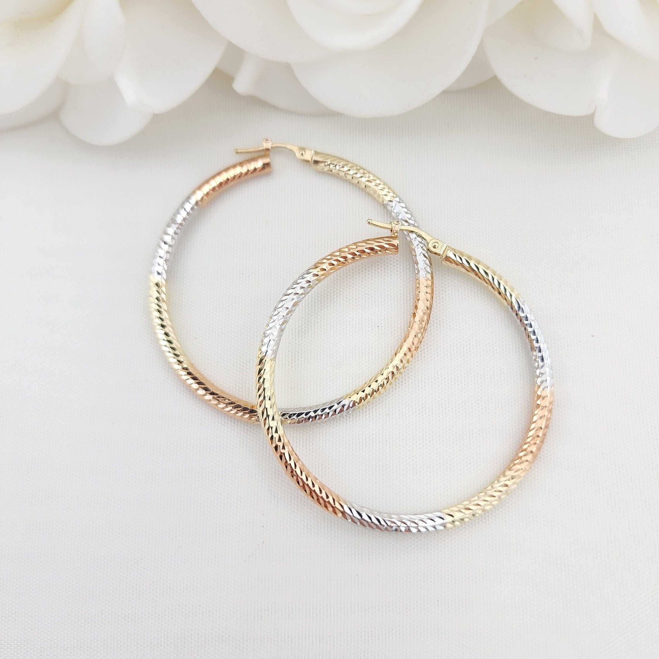 45mm 3 Tones 14k Gold Hoop Earrings - 3mm Thick - For Her - White, yellow and rose Gold