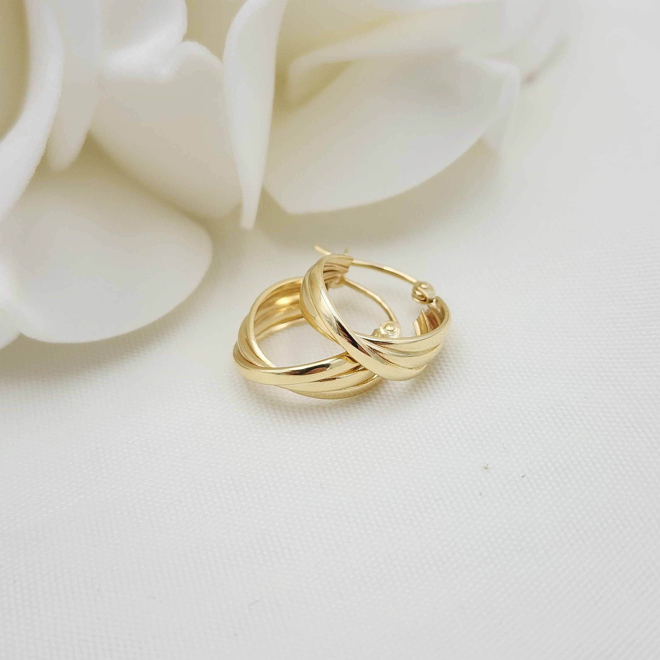 14k Gold Triple Polished Hoop Earrings