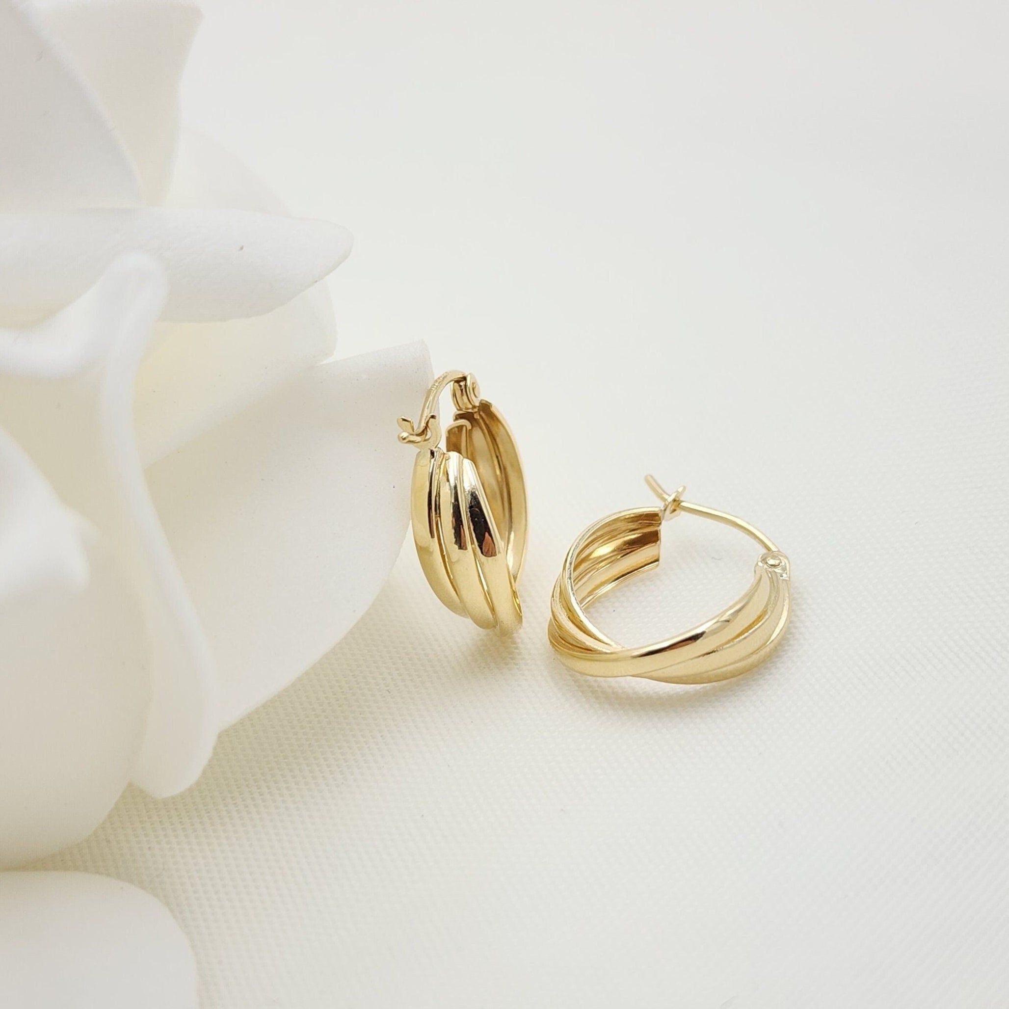14k Gold Triple Polished Hoop Earrings