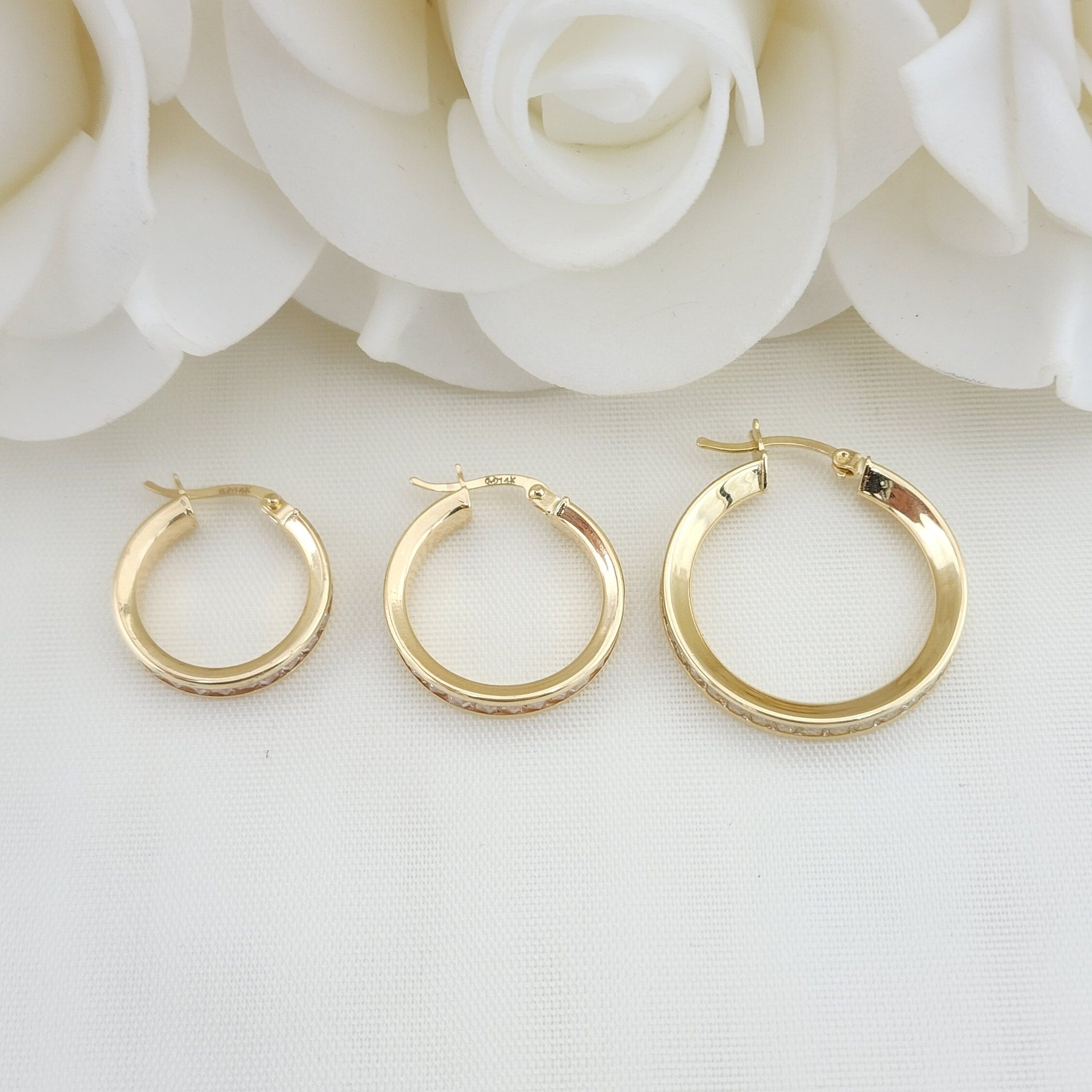 Real 14k Yellow Gold Bagguete CZ Hoop Earrings - 17mm, 19mm, 24mm - Channel Setting - Shiny and Modern