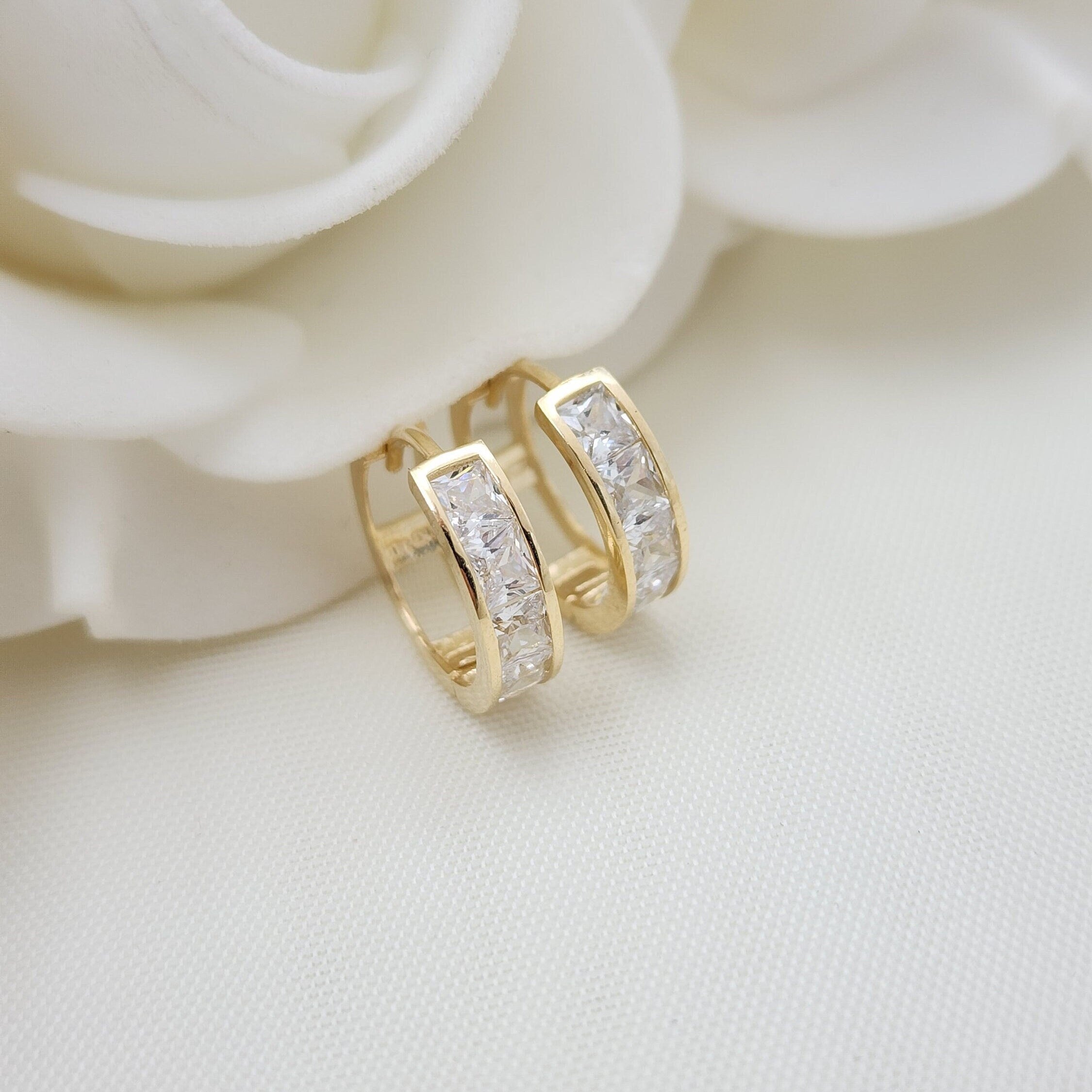 14k Princess Cut Huggie Earrings - 13mm & 4mm