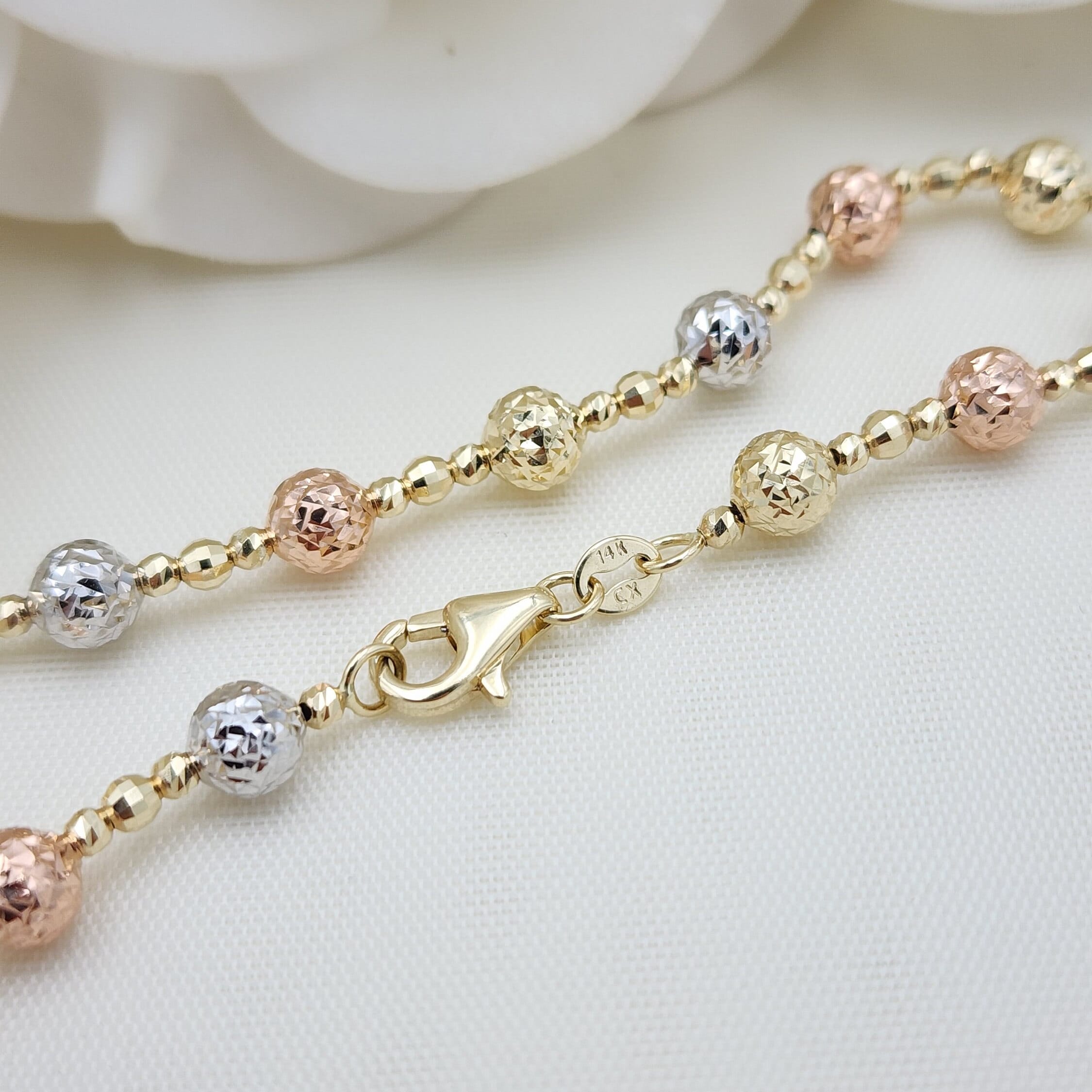 REAL 14k Tricolor/Yellow Gold Bead Diamond Cut Bracelet - 6.5, 7.5, 8 Inches - 5mm - Perfect Gift - Women