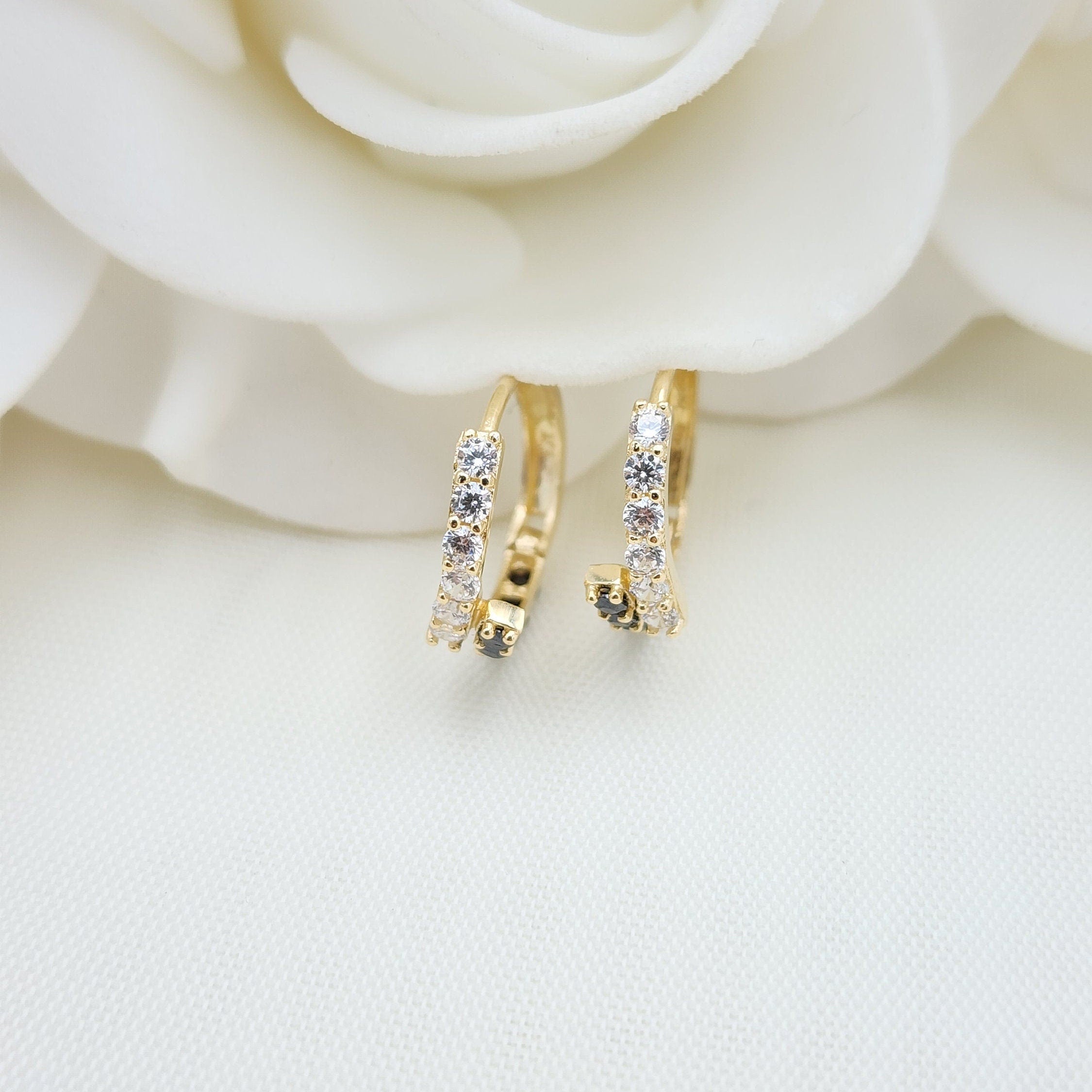 14k Gold Black and White Huggies Earrings - 14mm