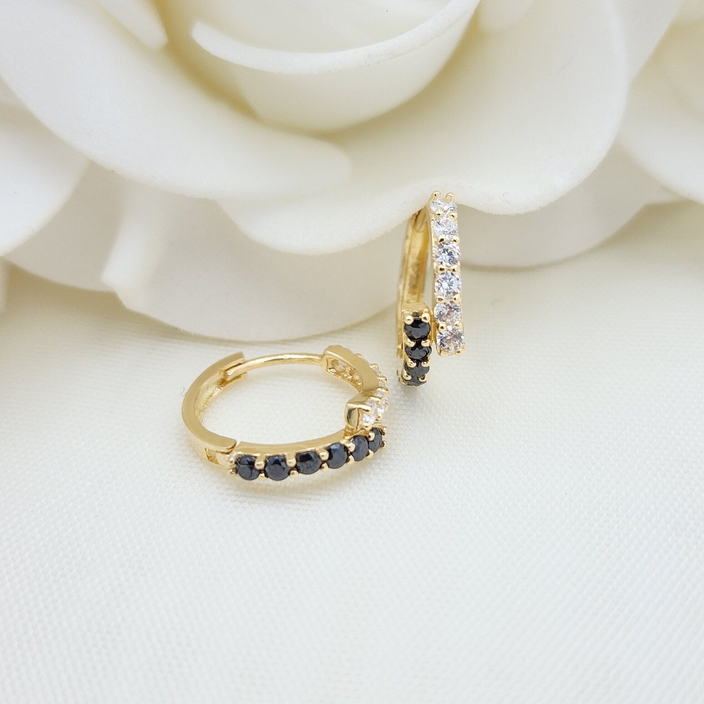 14k Gold Black and White Huggies Earrings - 14mm