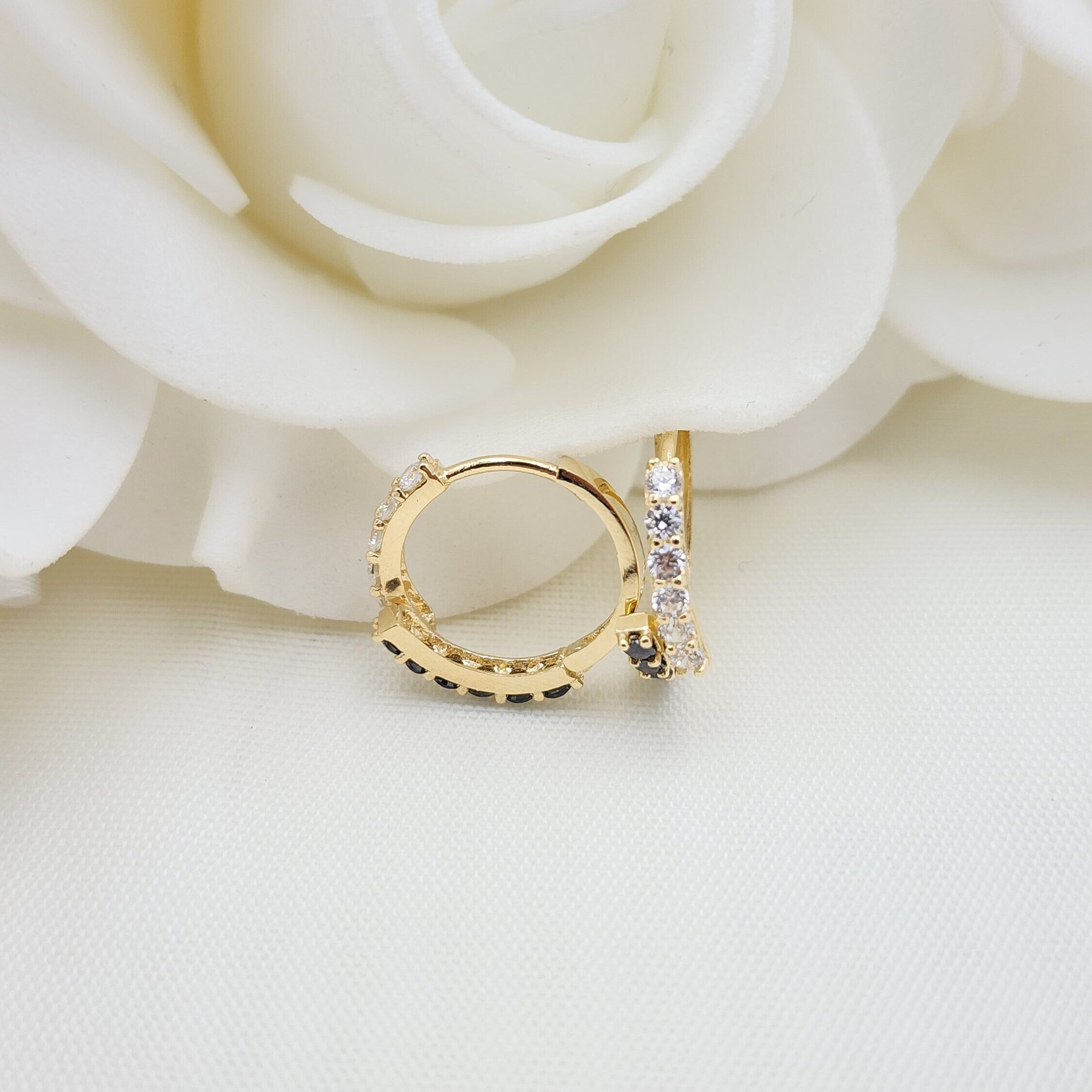 14k Gold Black and White Huggies Earrings - 14mm