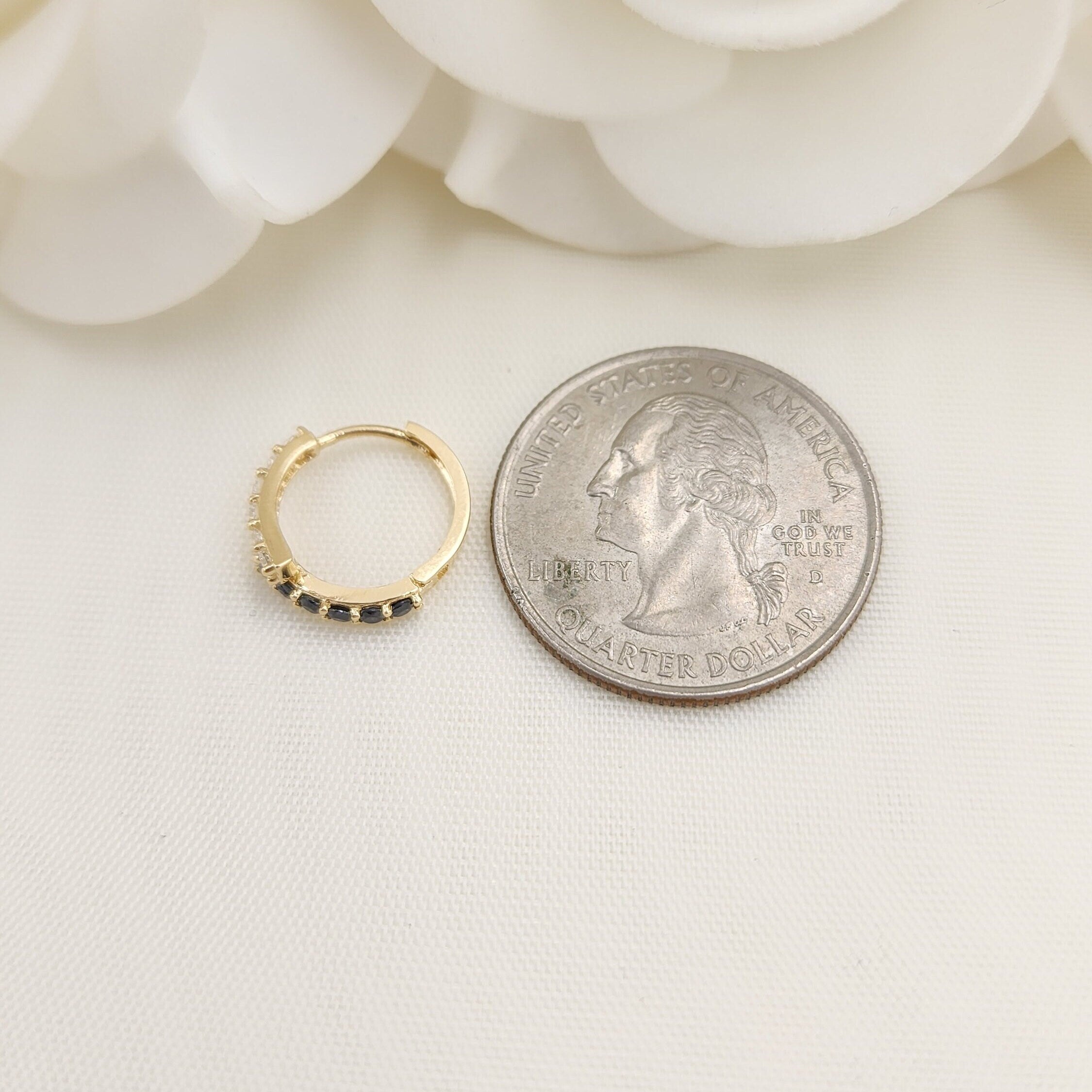 14k Gold Black and White Huggies Earrings - 14mm