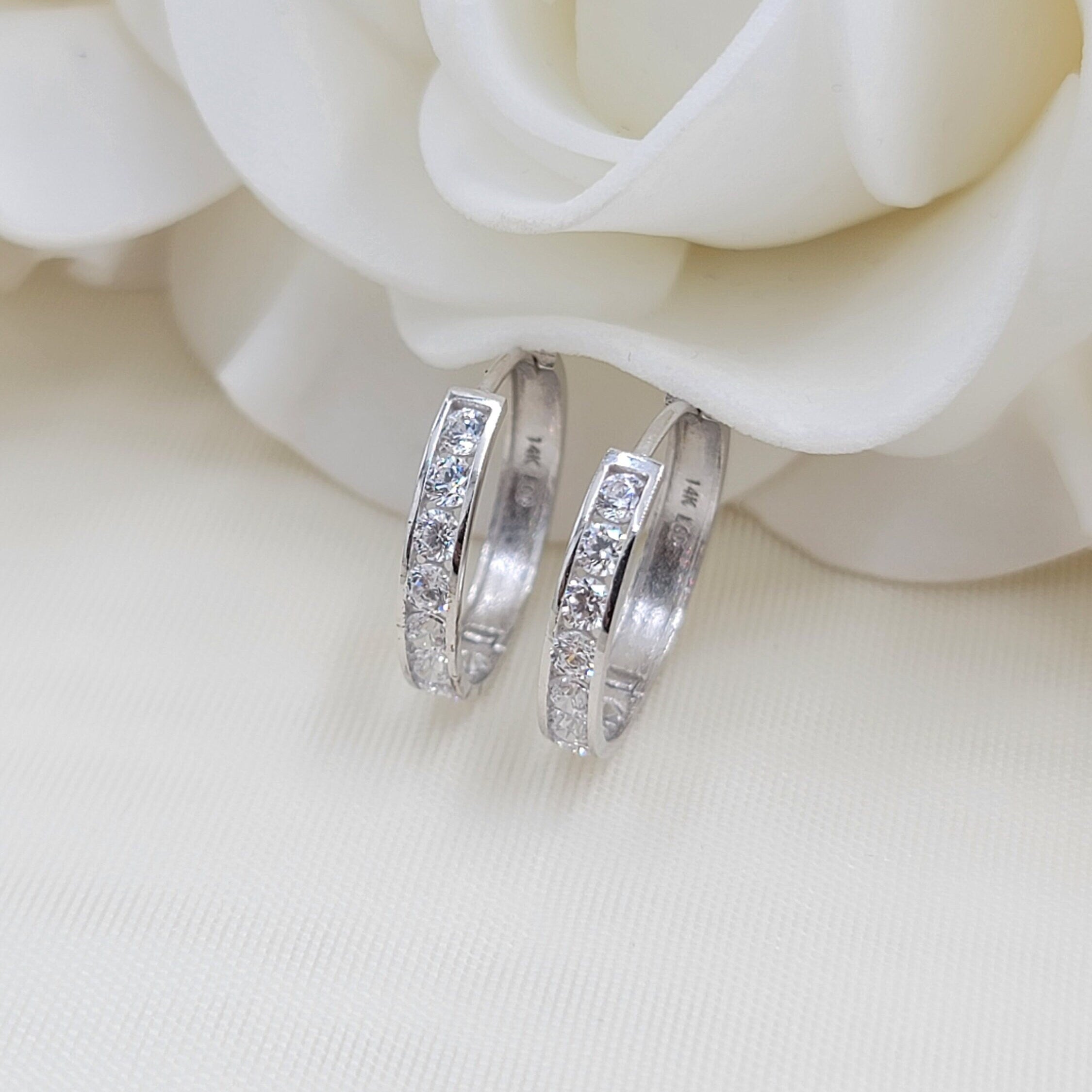 Solid 14k White Gold Channel setting CZ Huggies Earrings - Perfect For kids - Fine Jewelry