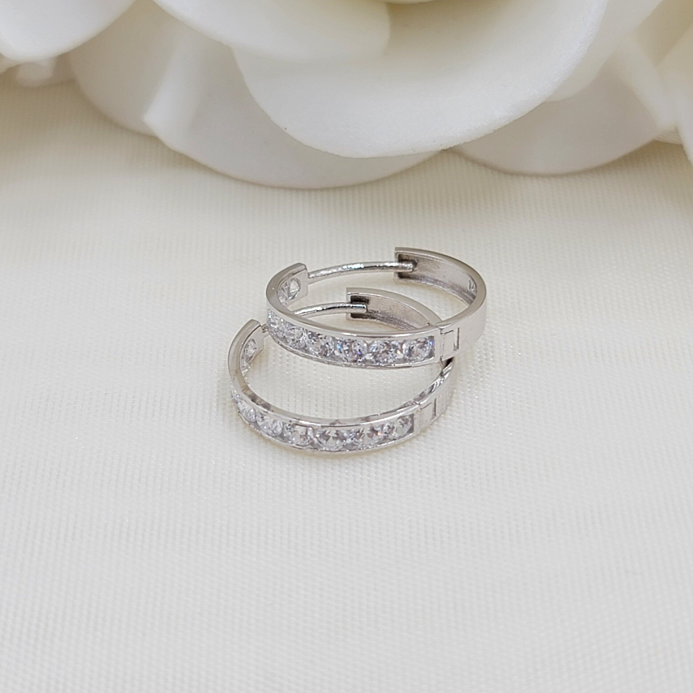 Solid 14k White Gold Channel setting CZ Huggies Earrings - Perfect For kids - Fine Jewelry