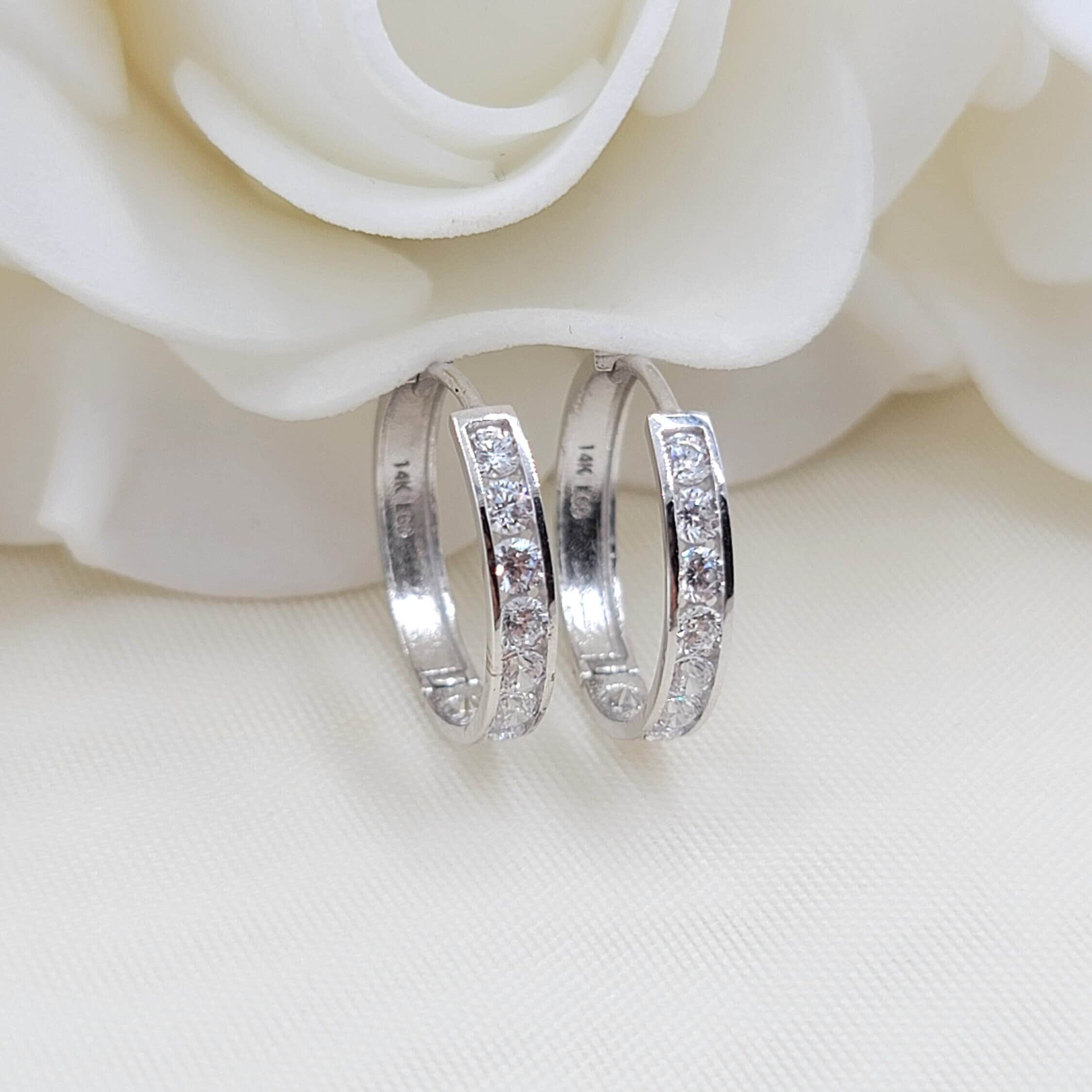 Solid 14k White Gold Channel setting CZ Huggies Earrings - Perfect For kids - Fine Jewelry