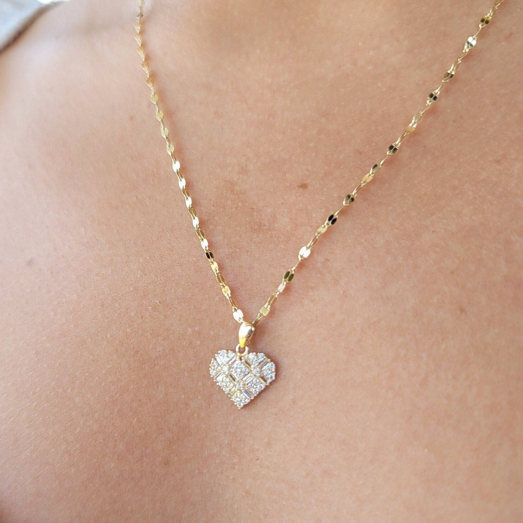 Solid 14k Gold Mosaic Heart CZ Necklace - Mirror Chain - 16, 18, 20 Inches - Gift for her