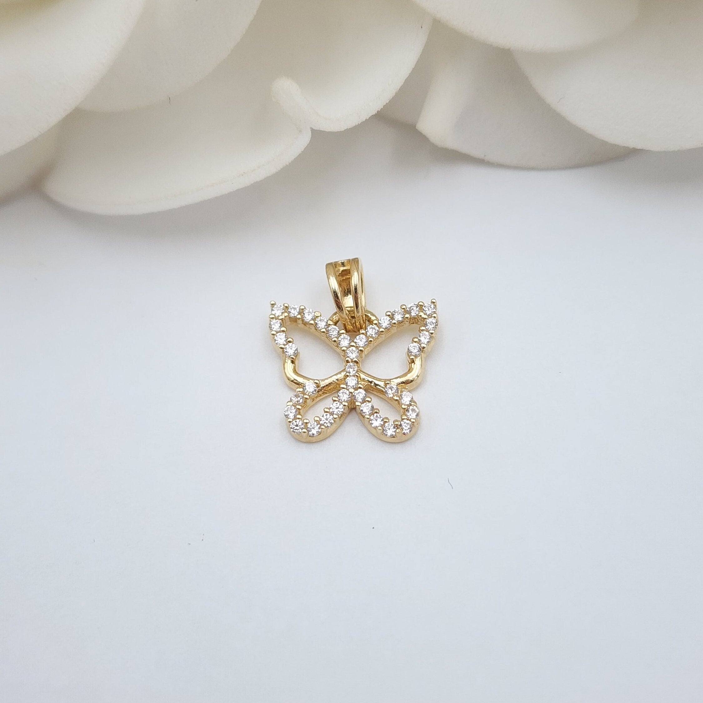 Solid 14k Gold Butterfly Charm Necklace - Curved Mirror Chain - CZ - Shiny & Sparkling - Perfect Gift For Her