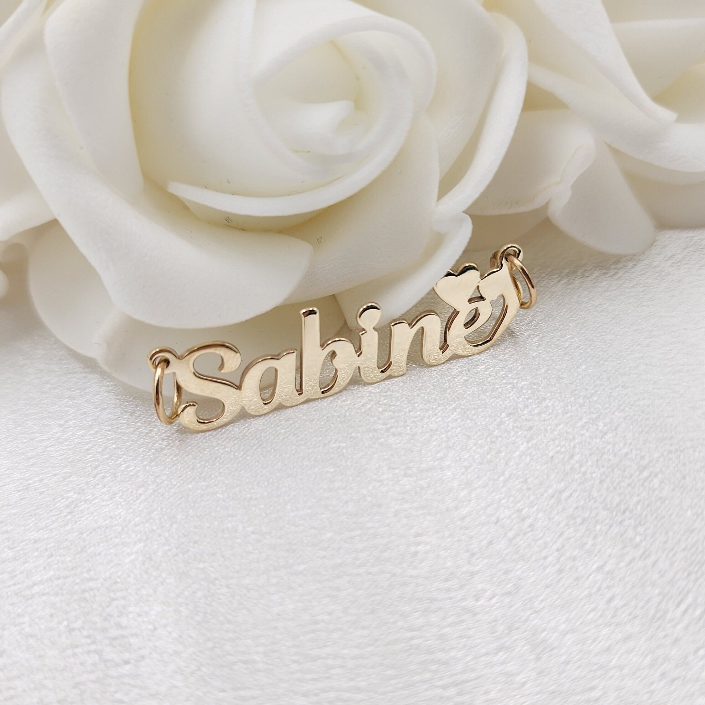 Solid Gold Handmade Nameplate With Heart Pendant