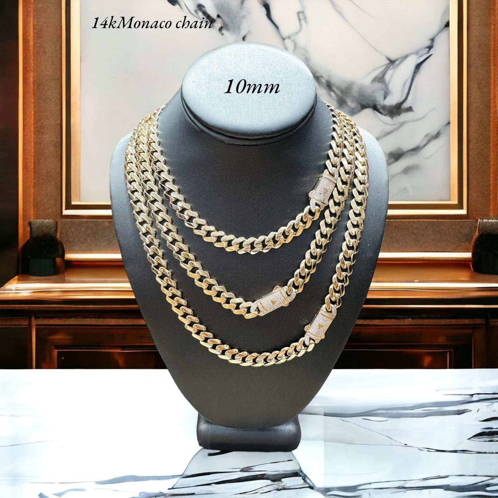 Real 14K Gold Polished Monaco Link Chain - CZ Box Lock - 9mm, 10mm - Unisex - Hollow