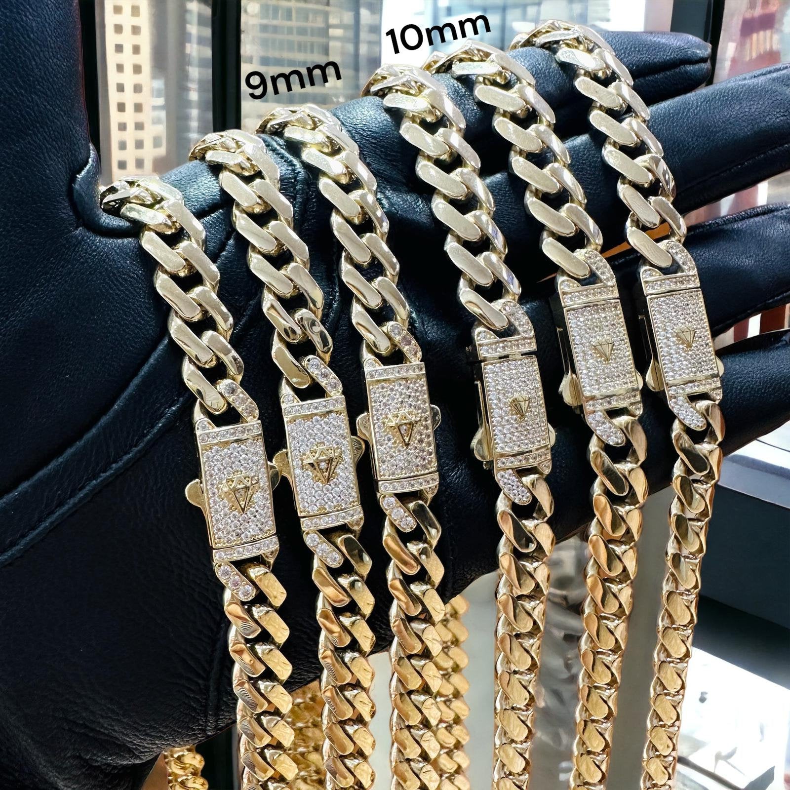 Real 14K Gold Polished Monaco Link Chain - CZ Box Lock - 9mm, 10mm - Unisex - Hollow
