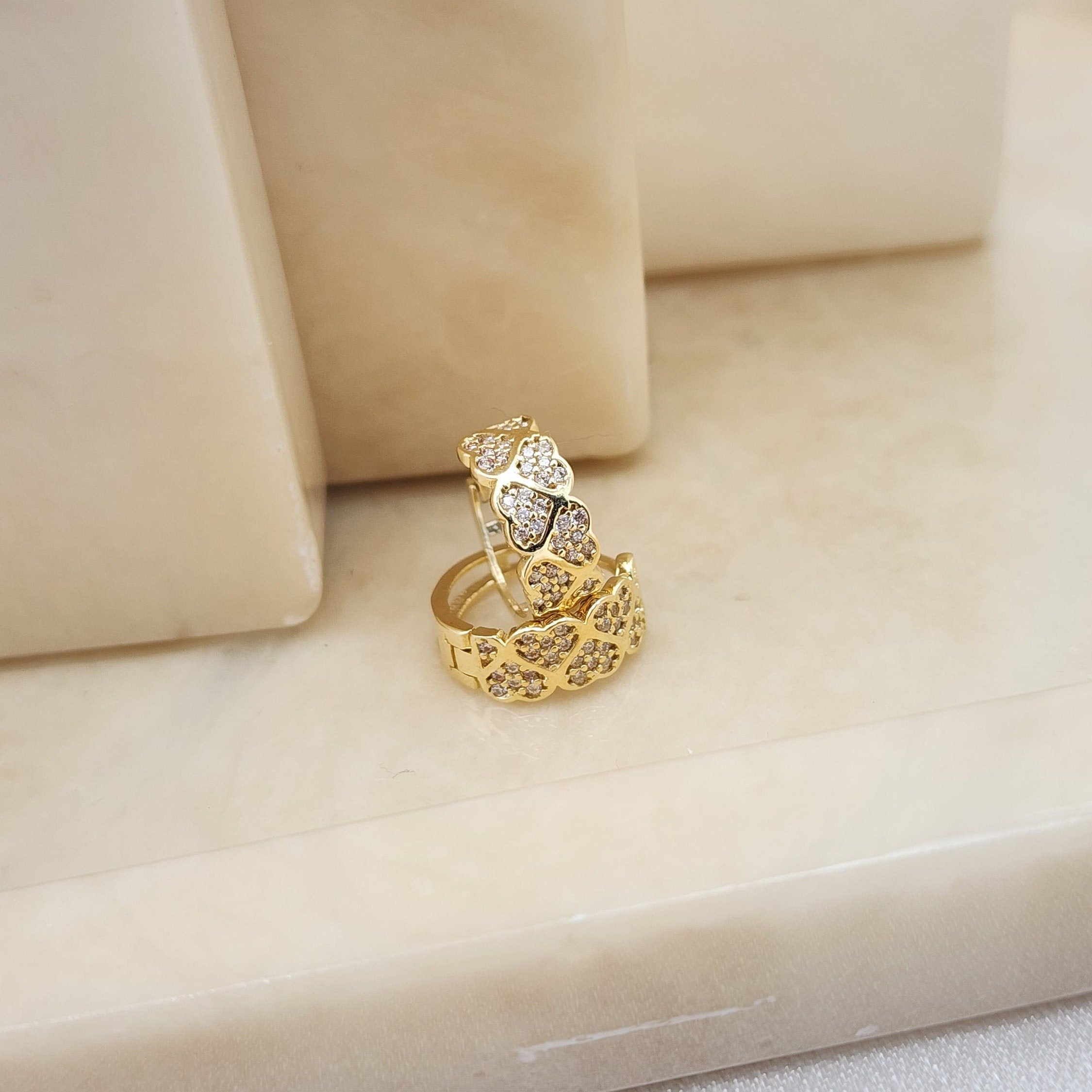 14k Pave Hearts Huggie Earrings - 14mm