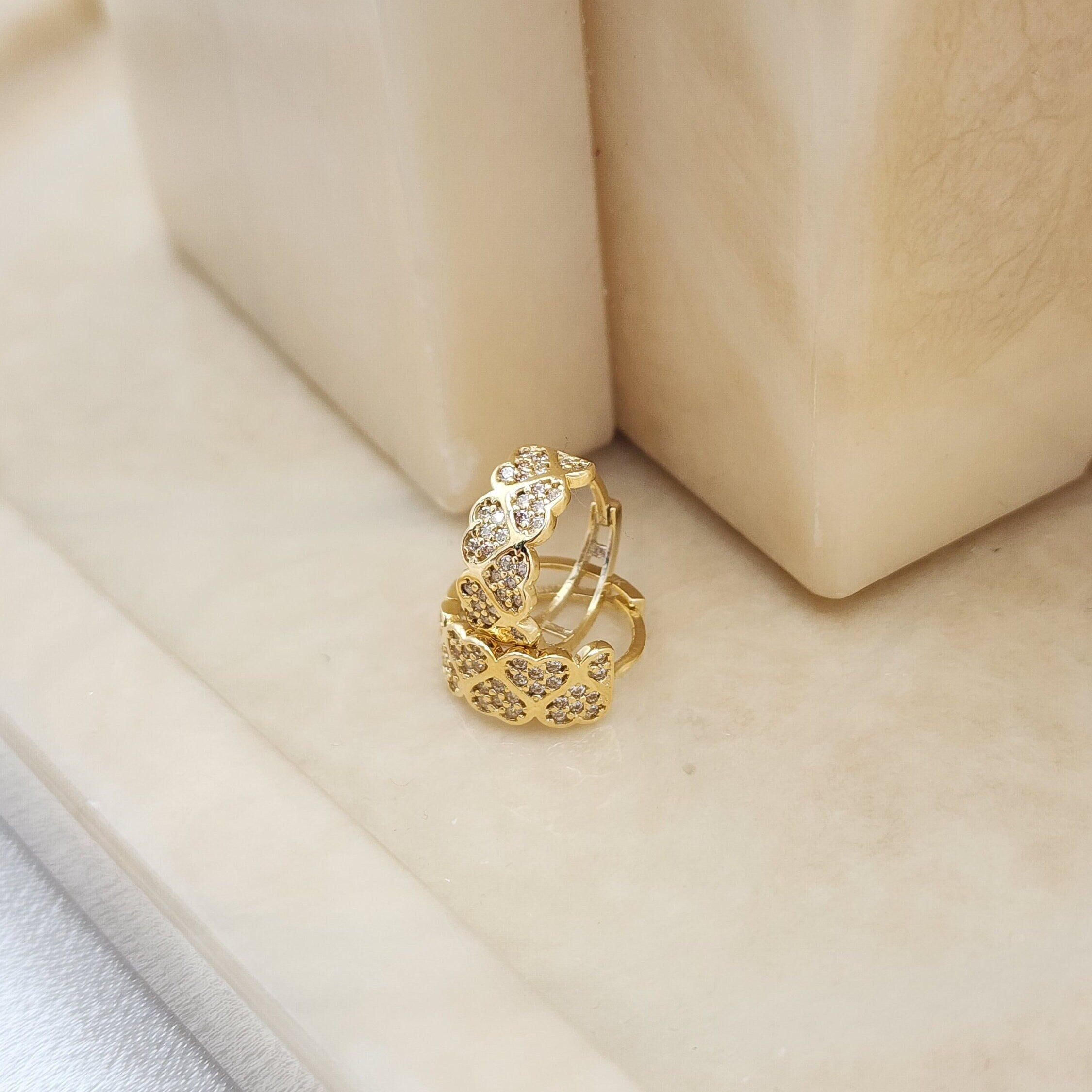 14k Pave Hearts Huggie Earrings - 14mm