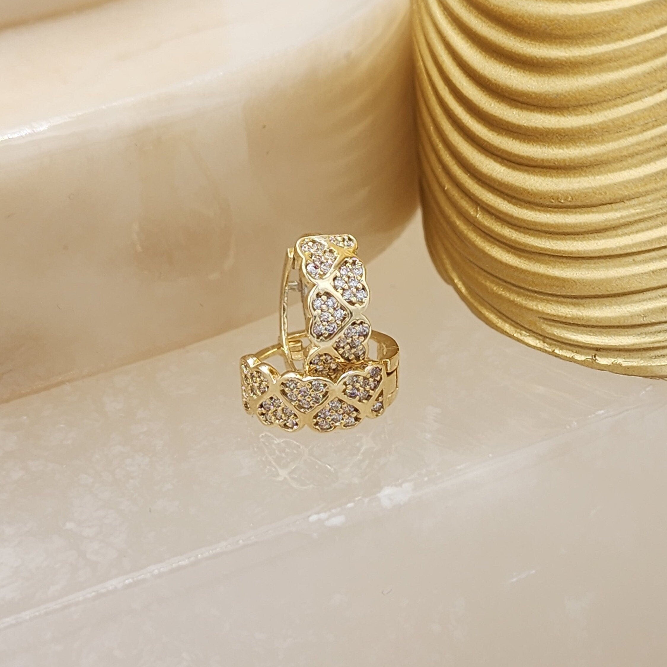 14k Pave Hearts Huggie Earrings - 14mm