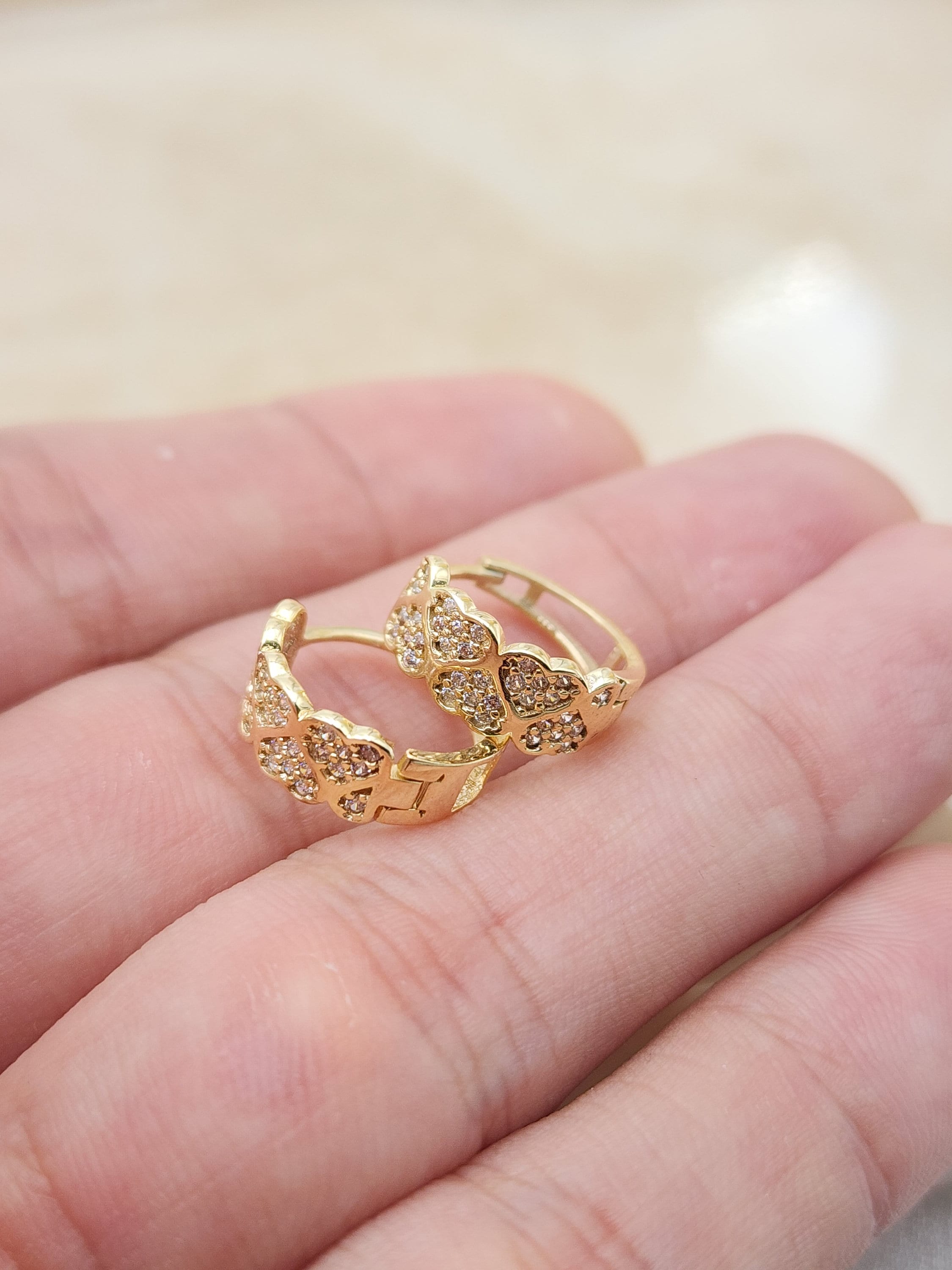 14k Pave Hearts Huggie Earrings - 14mm
