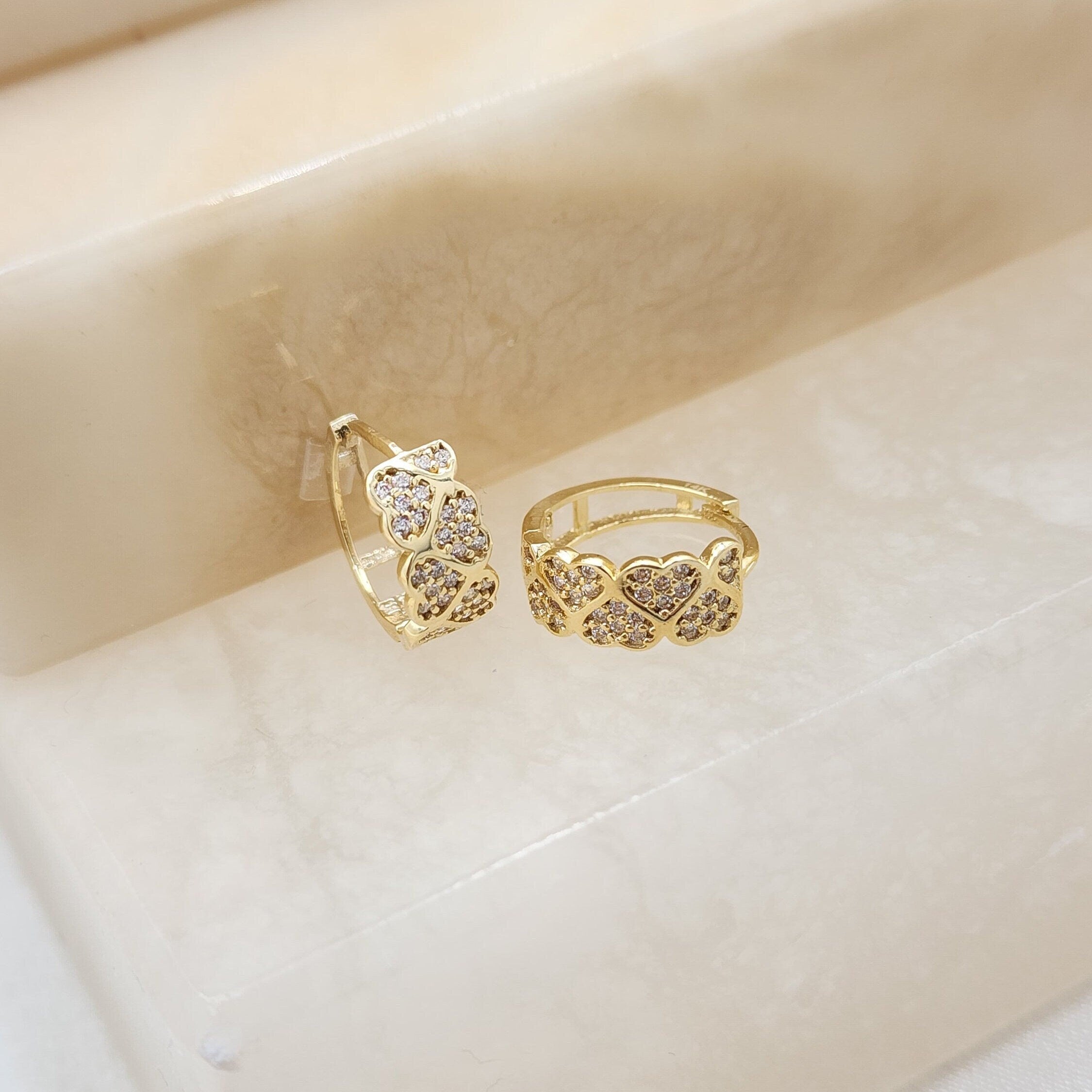 14k Pave Hearts Huggie Earrings - 14mm