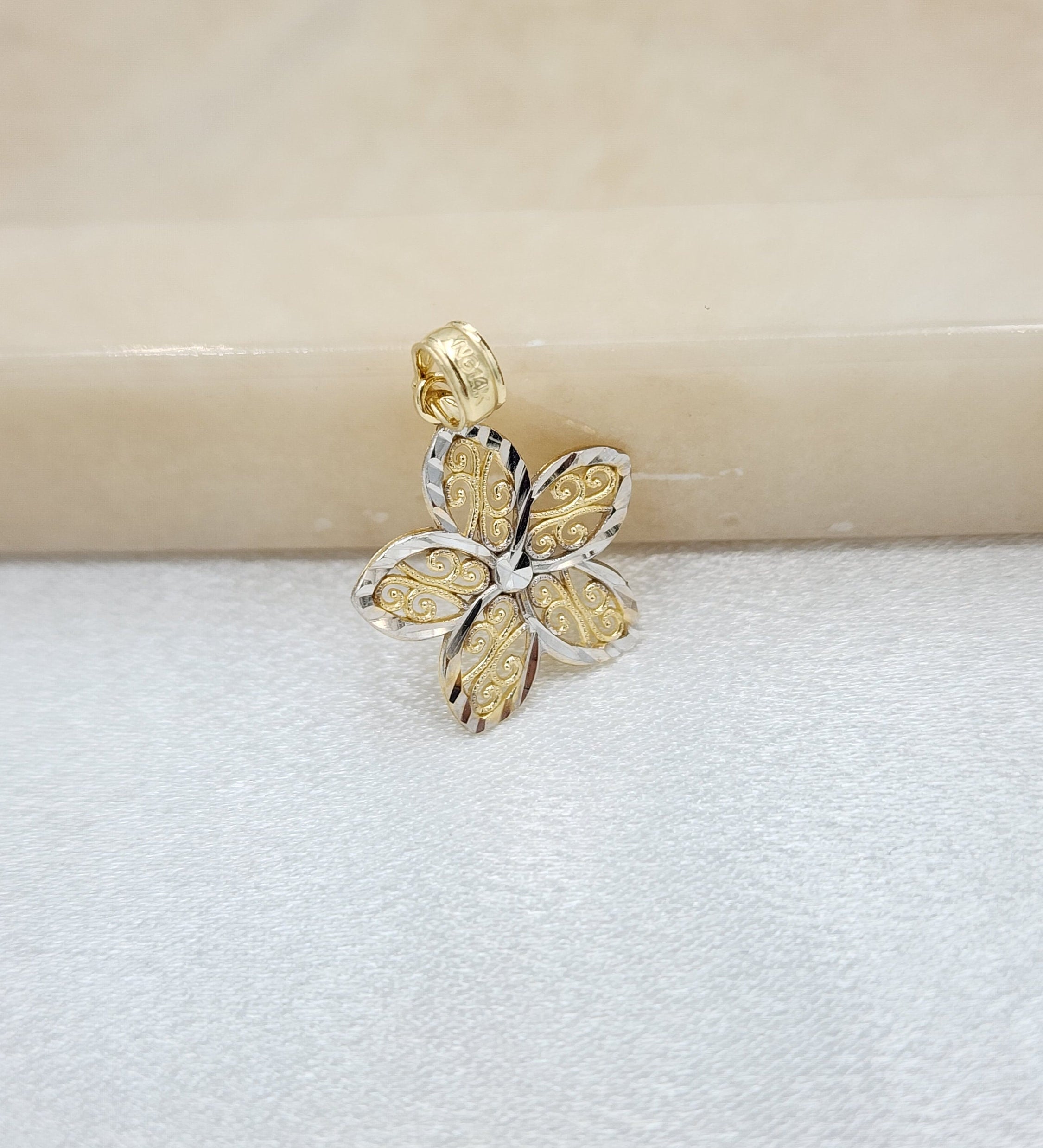 14k Gold 2 Tones Diamond Cut Flower Charm - Perfect Gift - For Her - Unique Jewelry