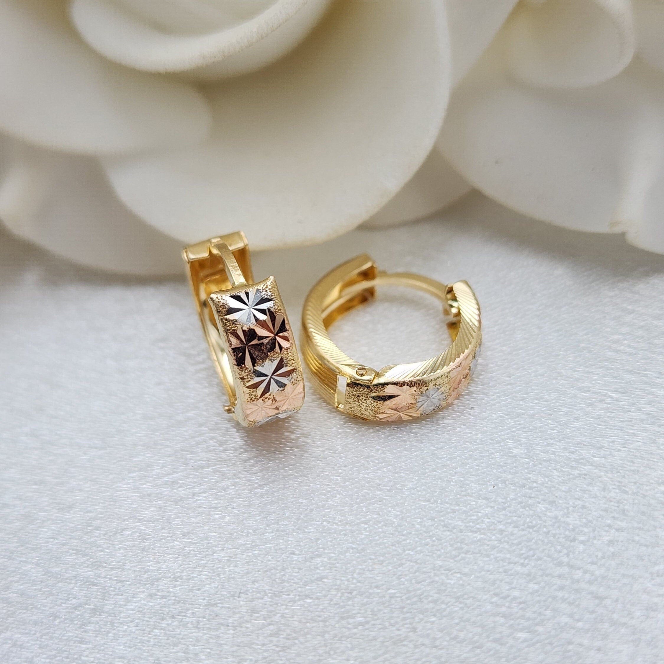 14k Tricolor Gold Star Diamond Cut Huggies Earrings
