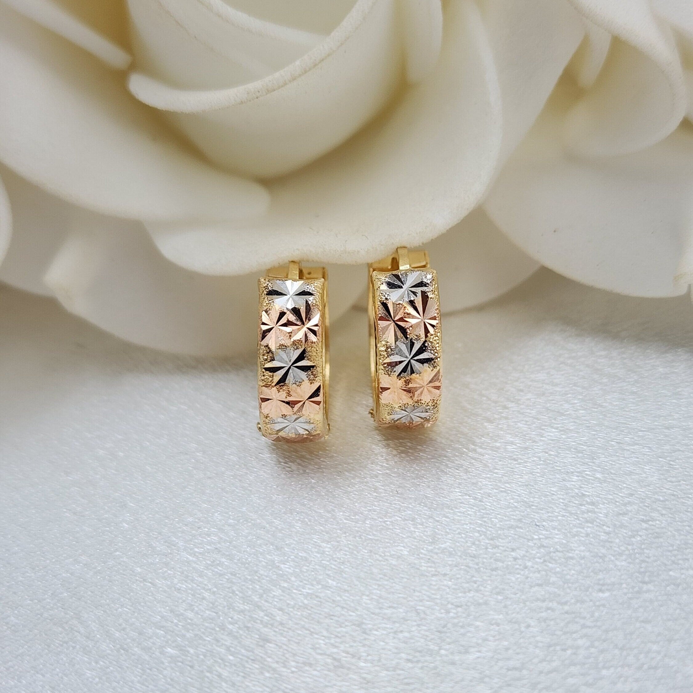 14k Tricolor Gold Star Diamond Cut Huggies Earrings