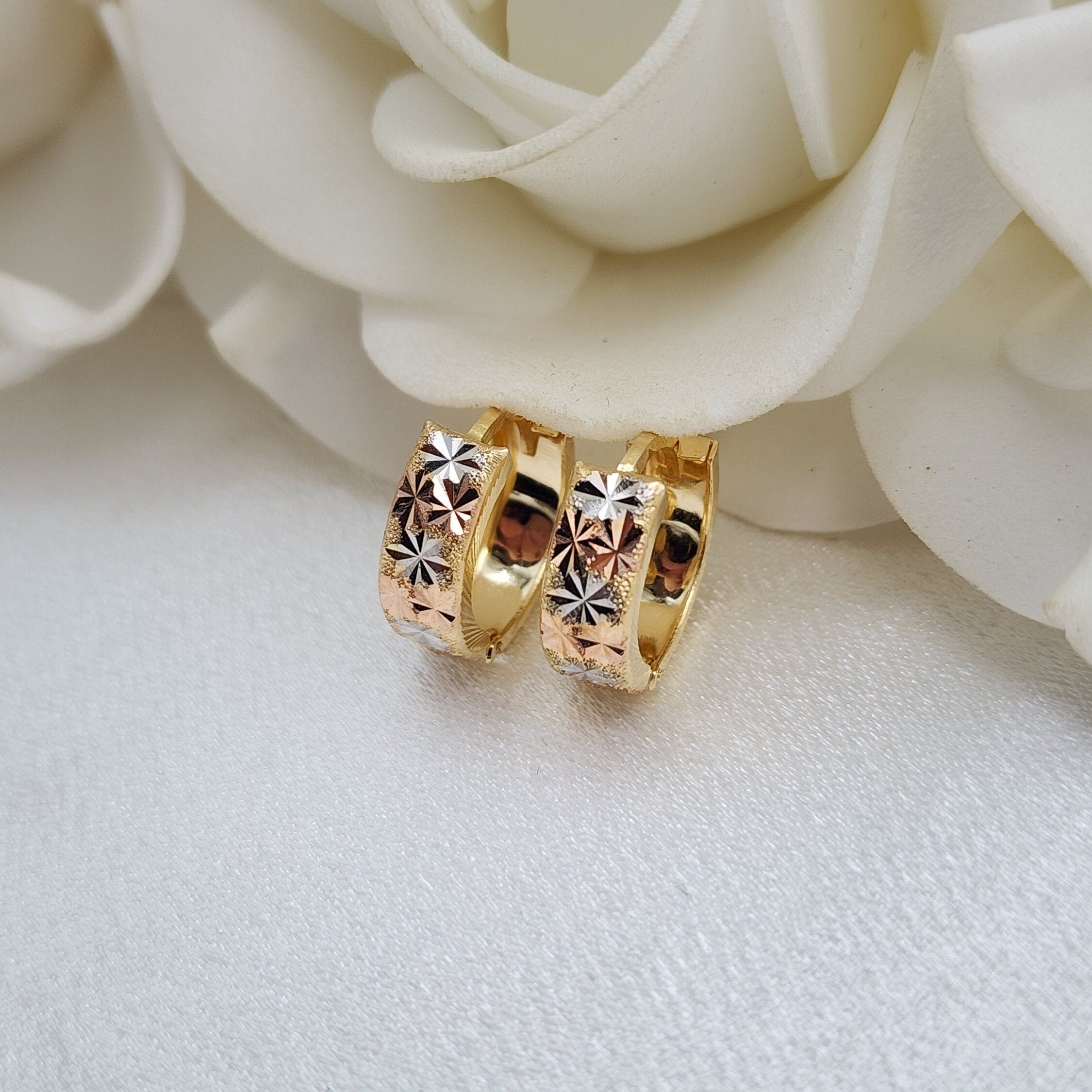 14k Tricolor Gold Star Diamond Cut Huggies Earrings