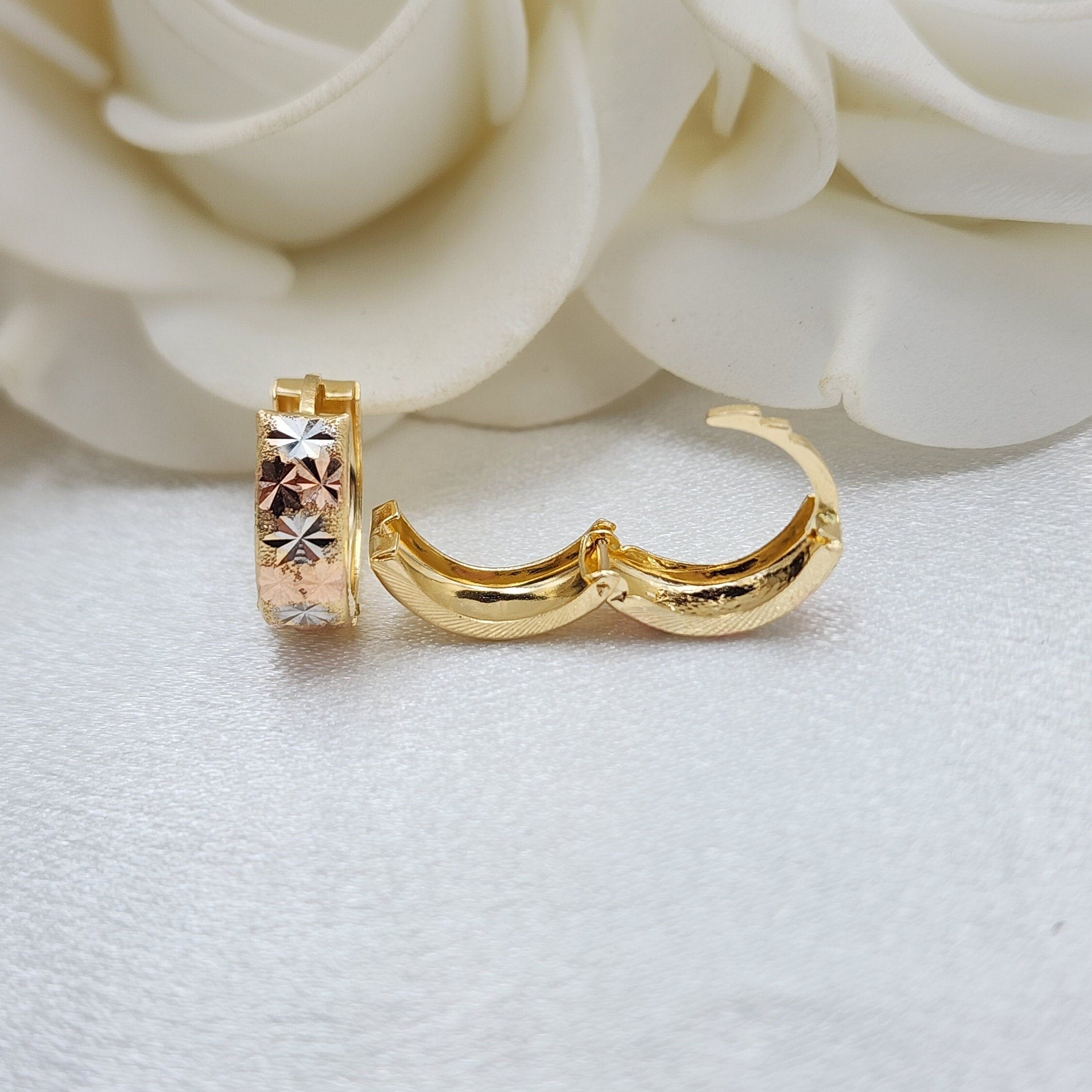 14k Tricolor Gold Star Diamond Cut Huggies Earrings