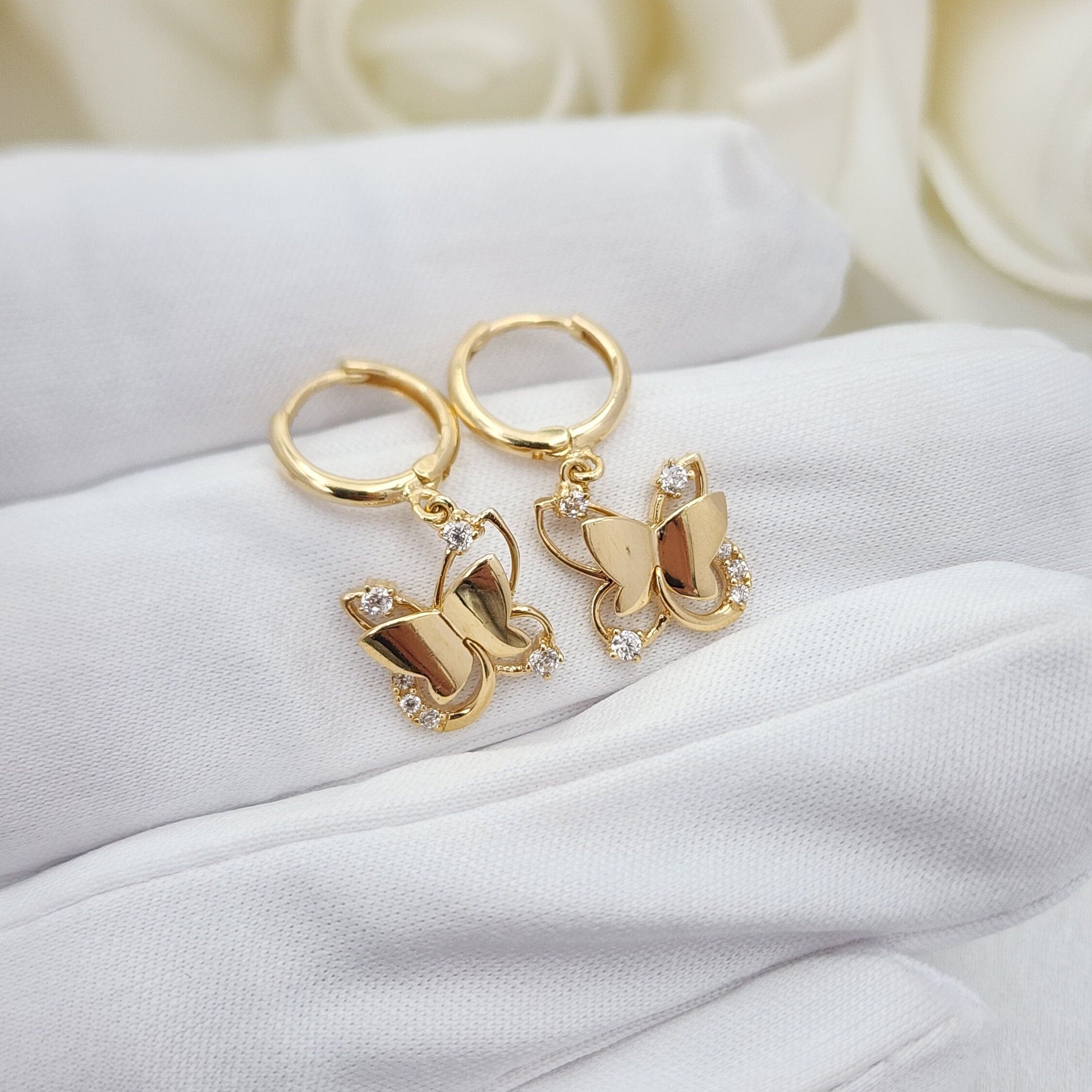 Solid 14k Gold Hanging Butterfly Huggies Earrings - 10mm