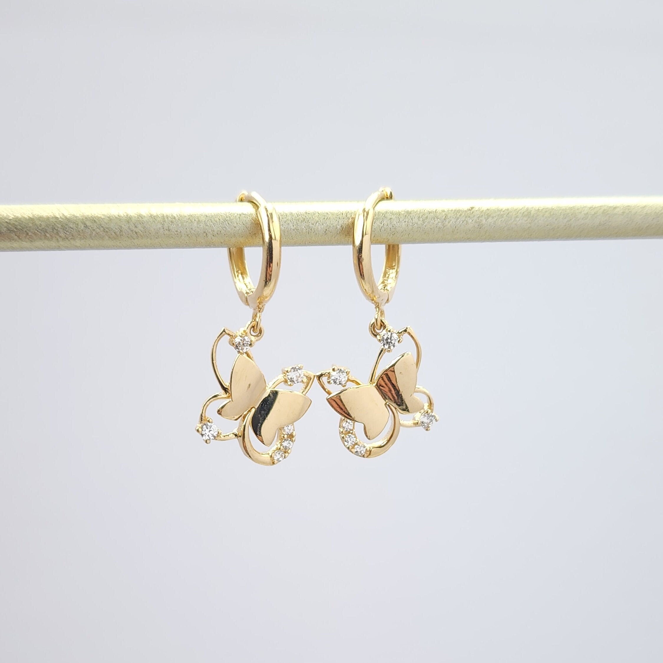 Solid 14k Gold Hanging Butterfly Huggies Earrings - 10mm