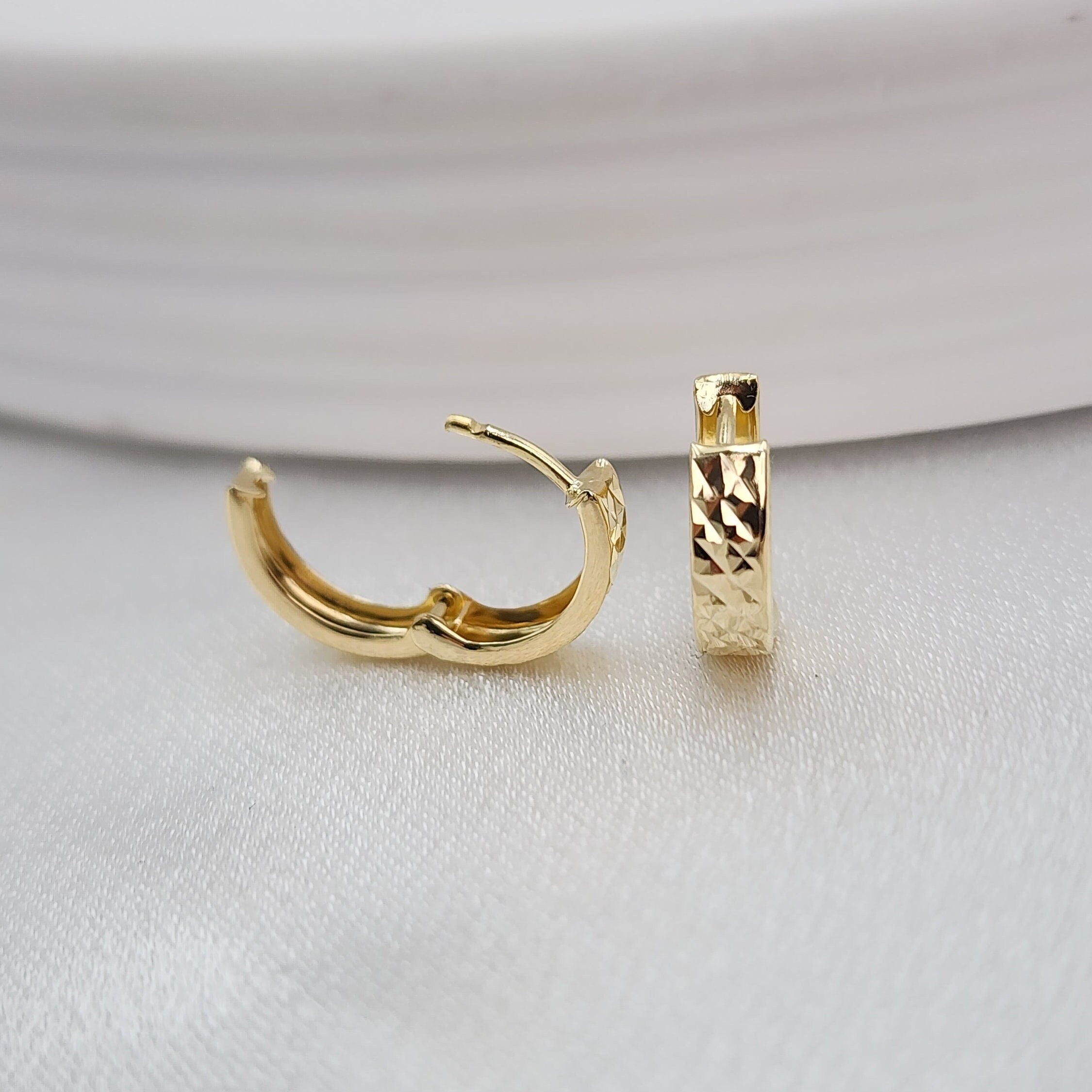Dainty 14k Gold Diamond Cut Huggie Earrings - 12mm & 3.2mm Thick