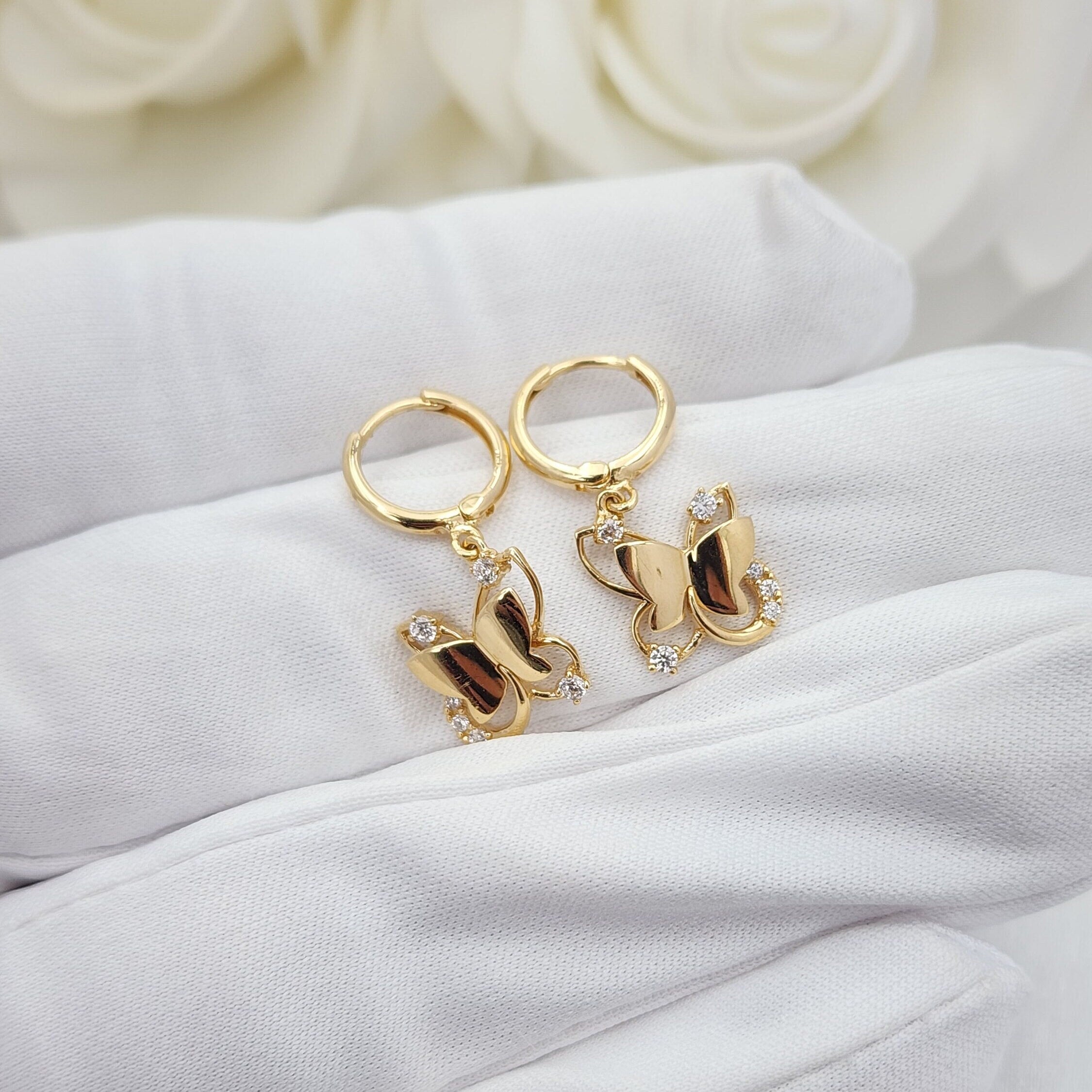 Solid 14k Gold Hanging Butterfly Huggies Earrings - 10mm