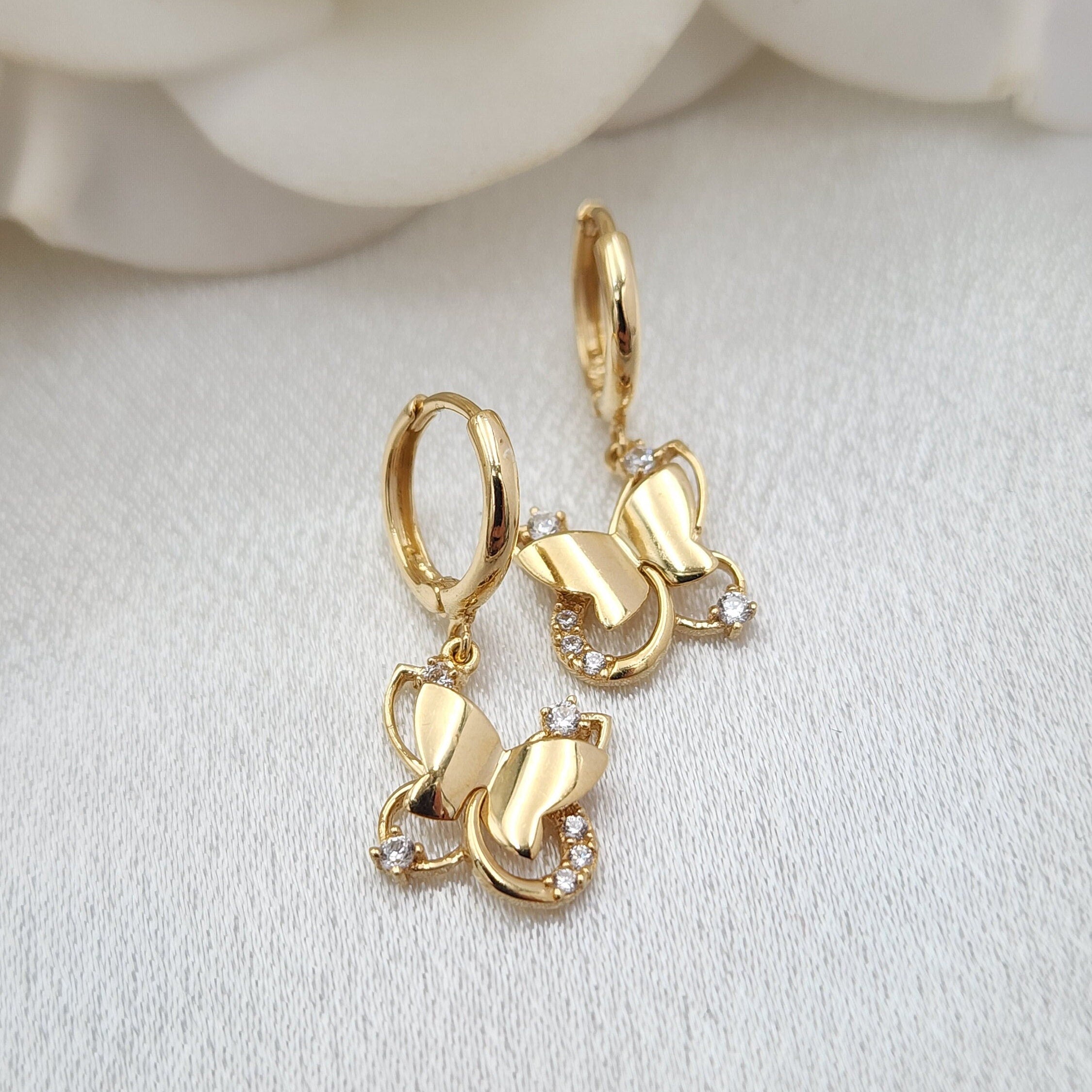 Solid 14k Gold Hanging Butterfly Huggies Earrings - 10mm
