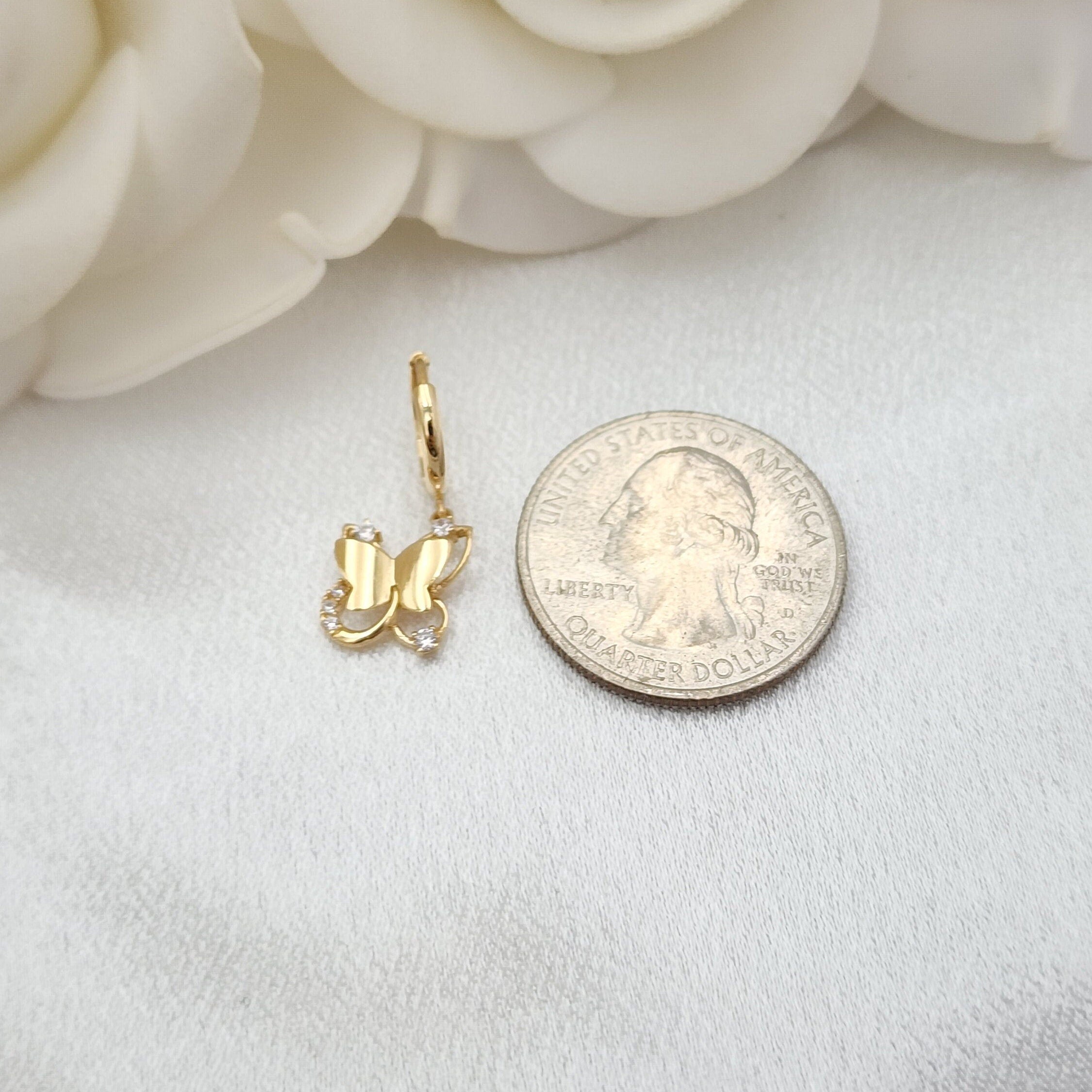 Solid 14k Gold Hanging Butterfly Huggies Earrings - 10mm