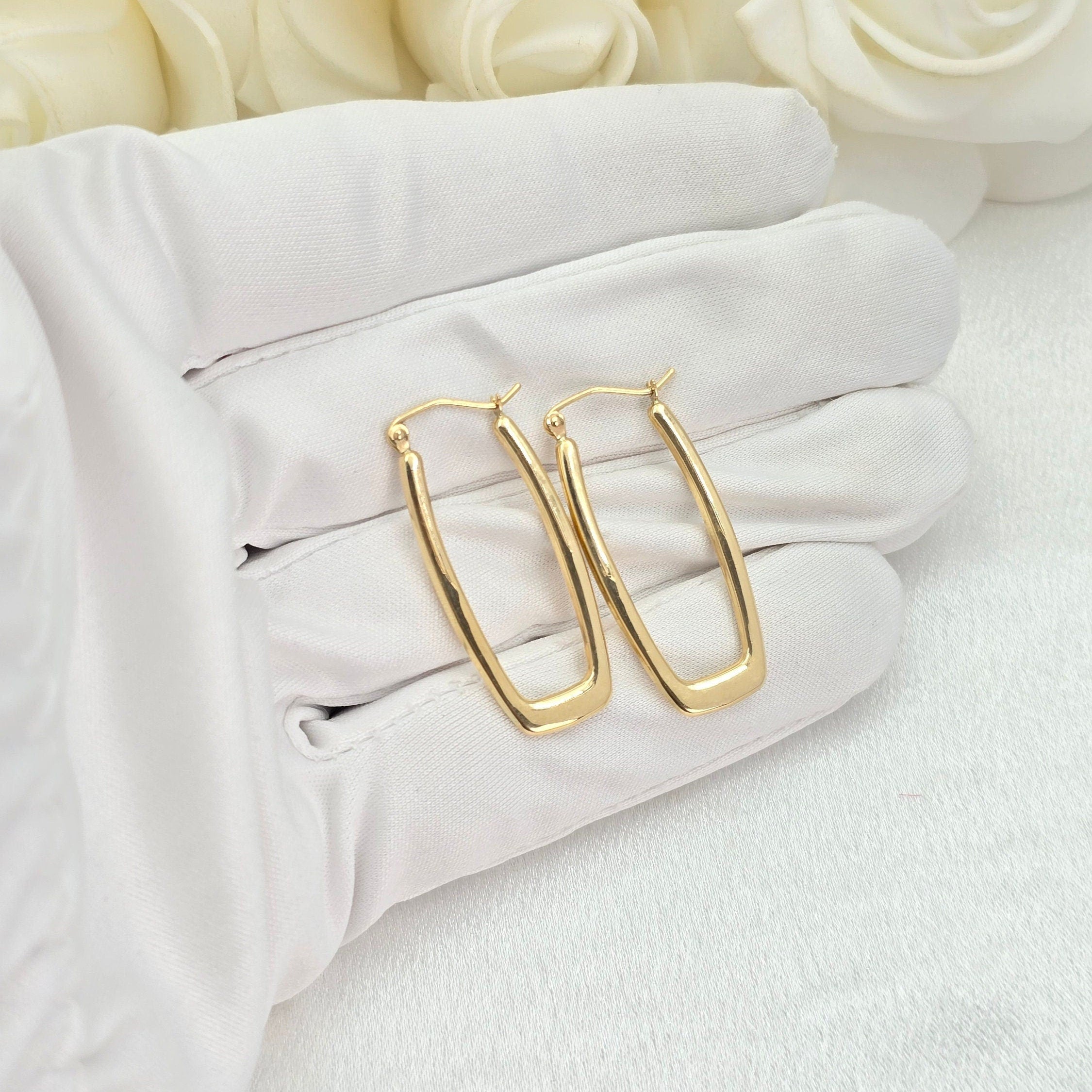 14k Gold Polished Rectangle Hoop Earrings