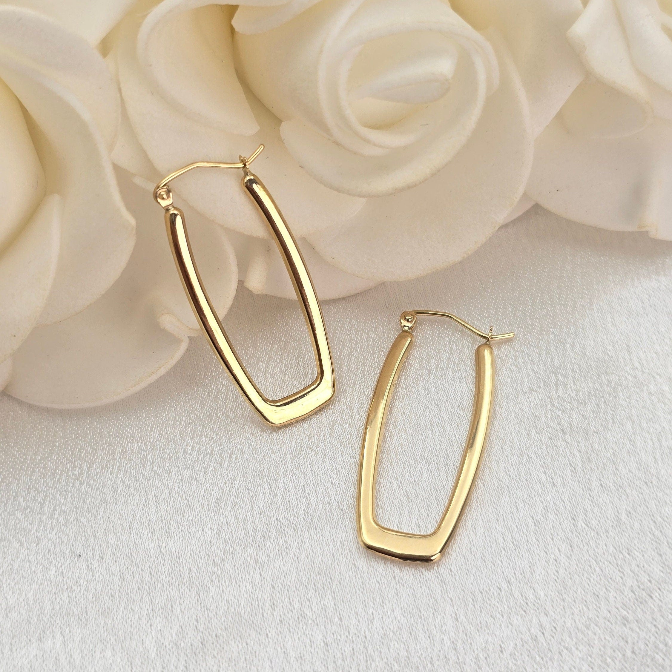 14k Gold Polished Rectangle Hoop Earrings