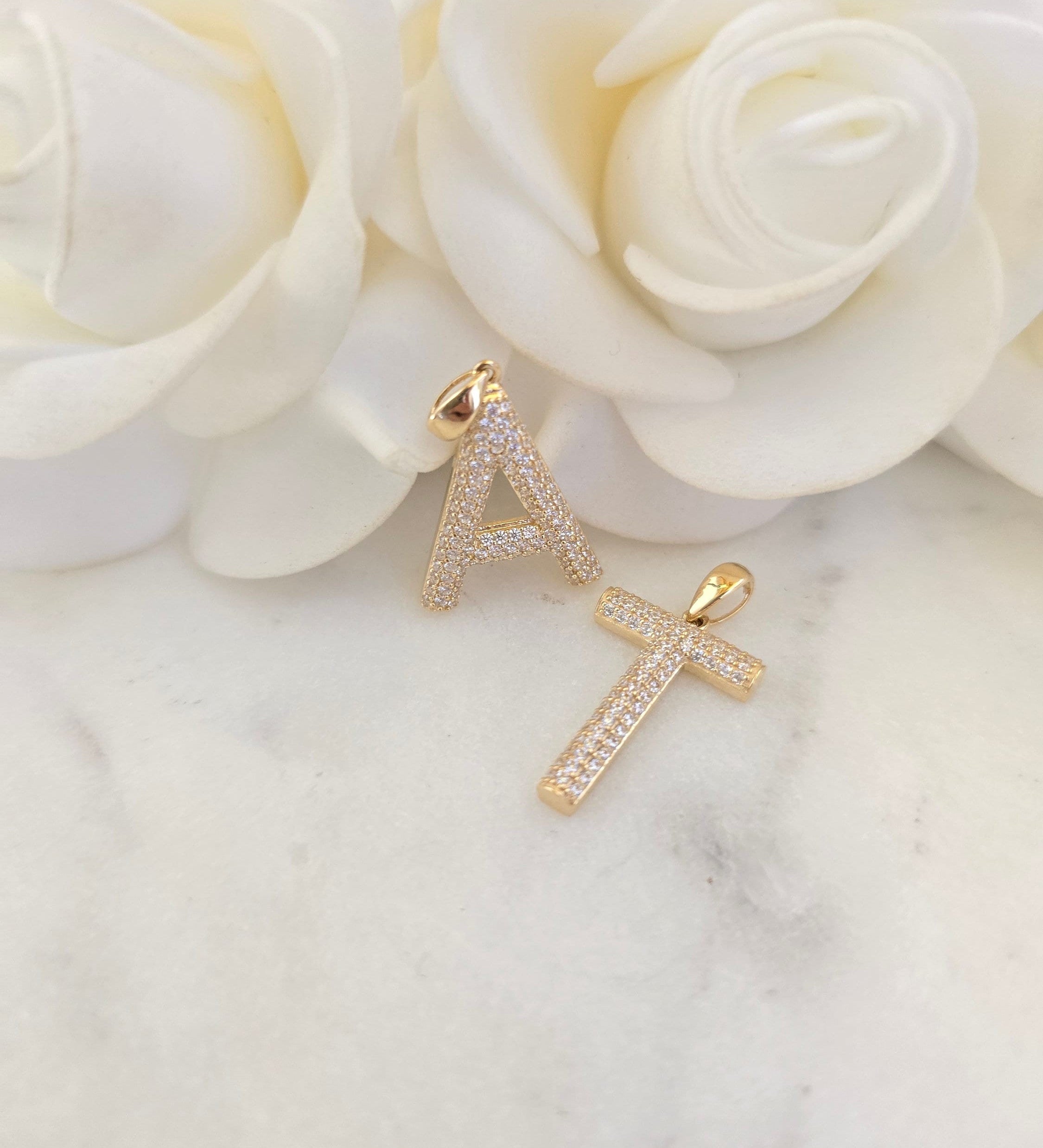 Solid 14k Shiny Pave Initials - A to Z - Perfect Gift - Unisex - Medium sized - Gift For Her/Him