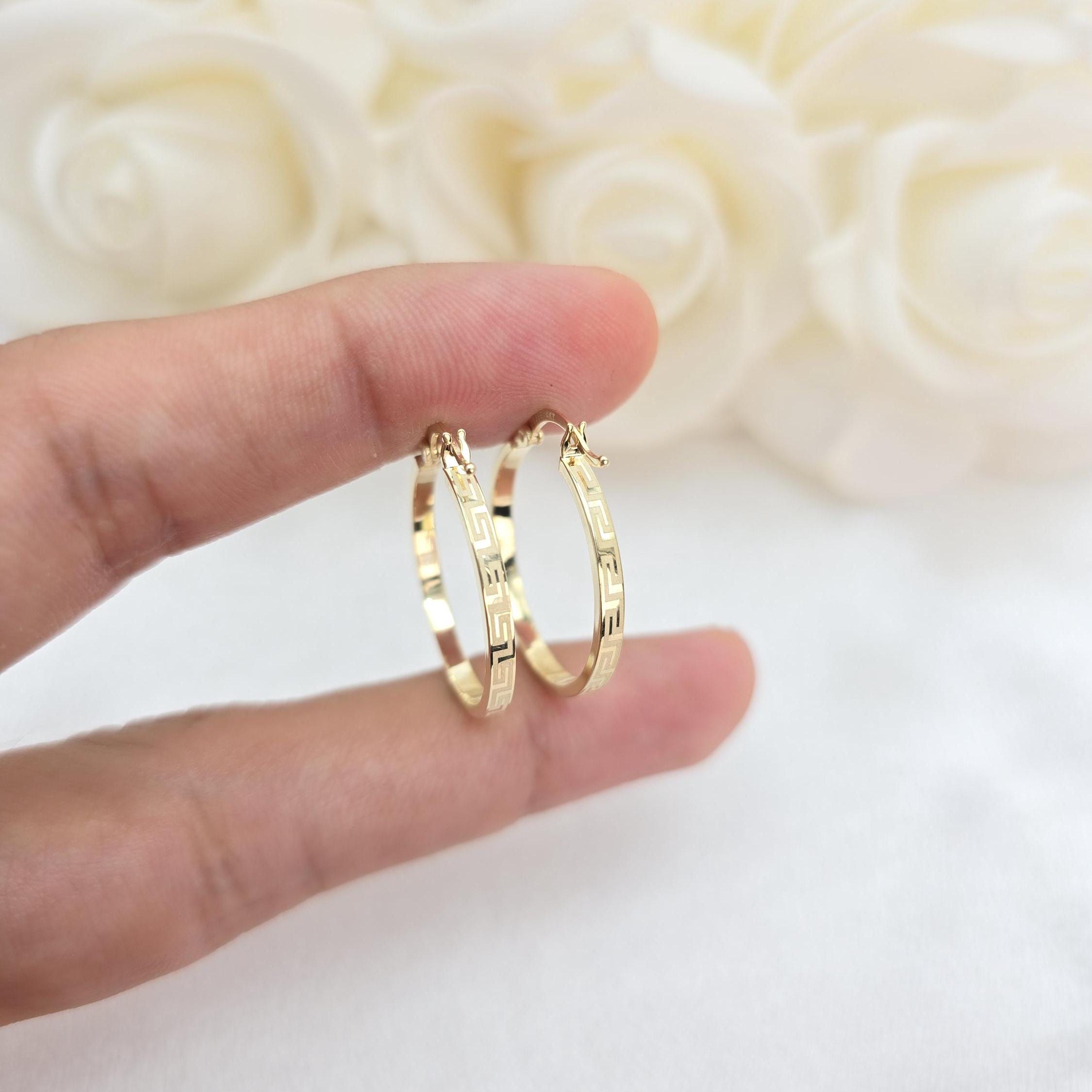 14k Gold 2mm Greek pattern Hoop Earrings - 22mm/0.86" - Versatile & Lightweight - For Her