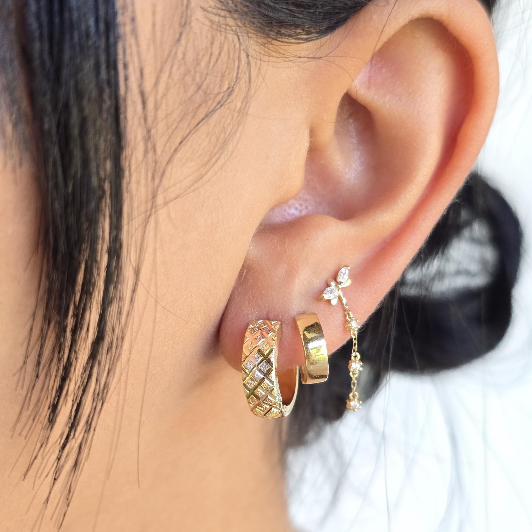 14k Tricolor X Diamond Cut Huggie Earrings - 15mm