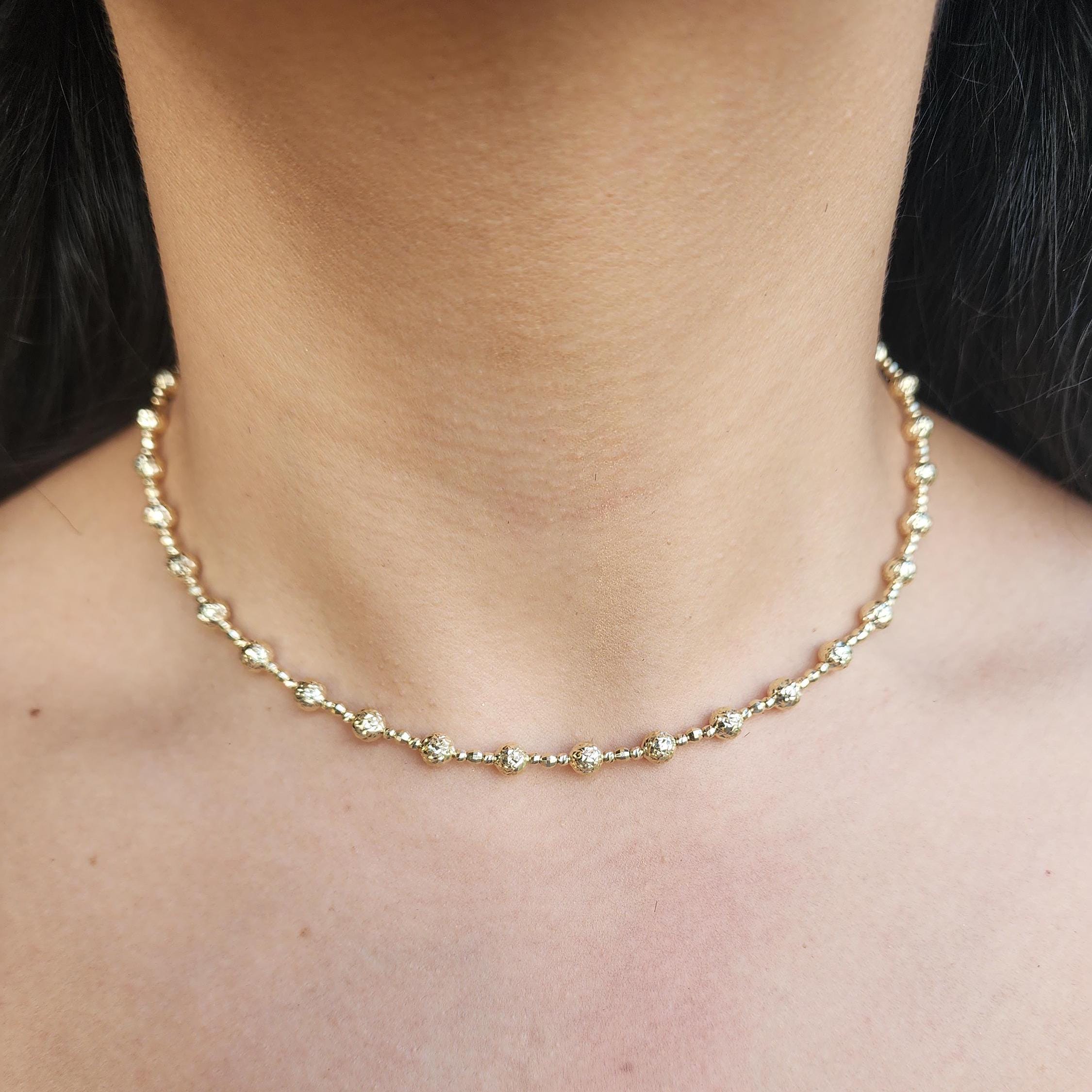 Real 14k Gold Tricolor Gold Shiny Bead Necklace - Diamond Cut - Perfect Gift For Her - White, yellow and rose gold - 16 and 18 Inches