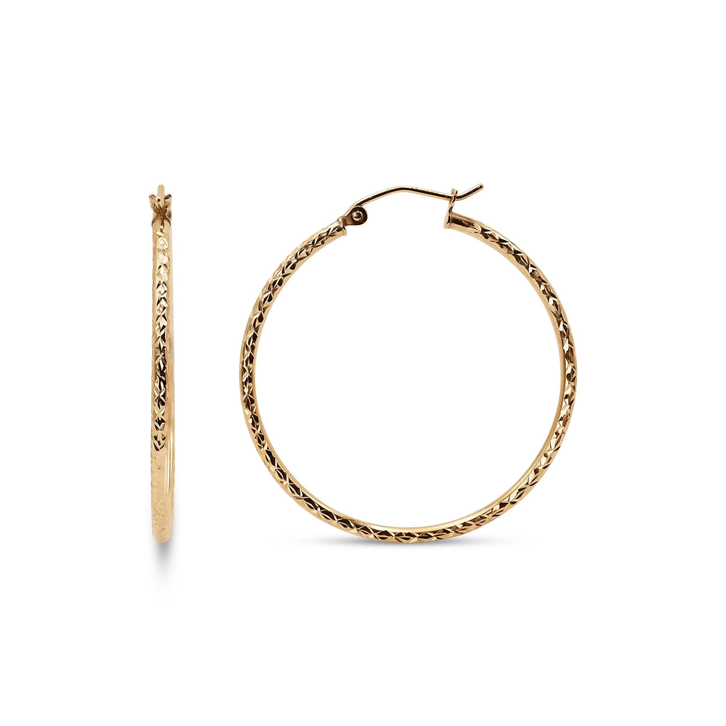 Real 14k Gold Fully Diamond Cut Hoop Earrings - 35MM, 25MM, 20MM, 15MM - Sparkling - Fine Jewelry For Her - Perfect Gift