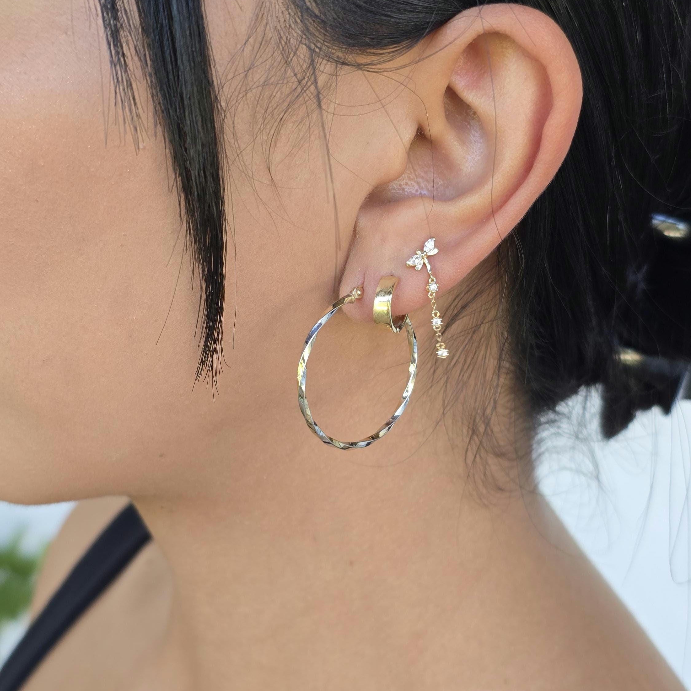 14k White and Yellow Gold Thin Twisted Hoops Earrings - 30MM - Lightweight & Modern - Perfect For Delicate look - Perfect For Her