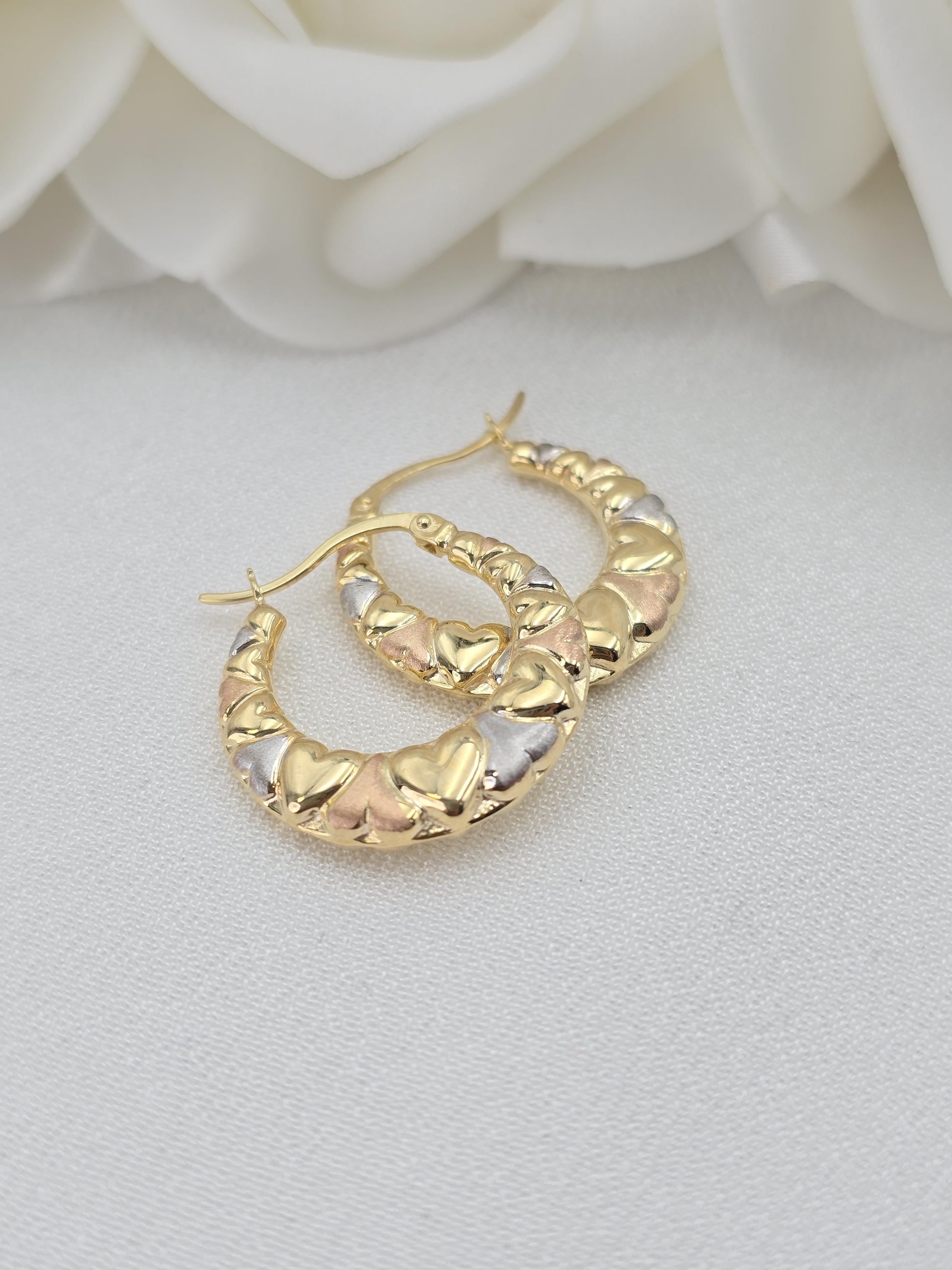 14k Gold Tricolor Heart Hoops - Double-sided - For Her - Lightweight & Fancy