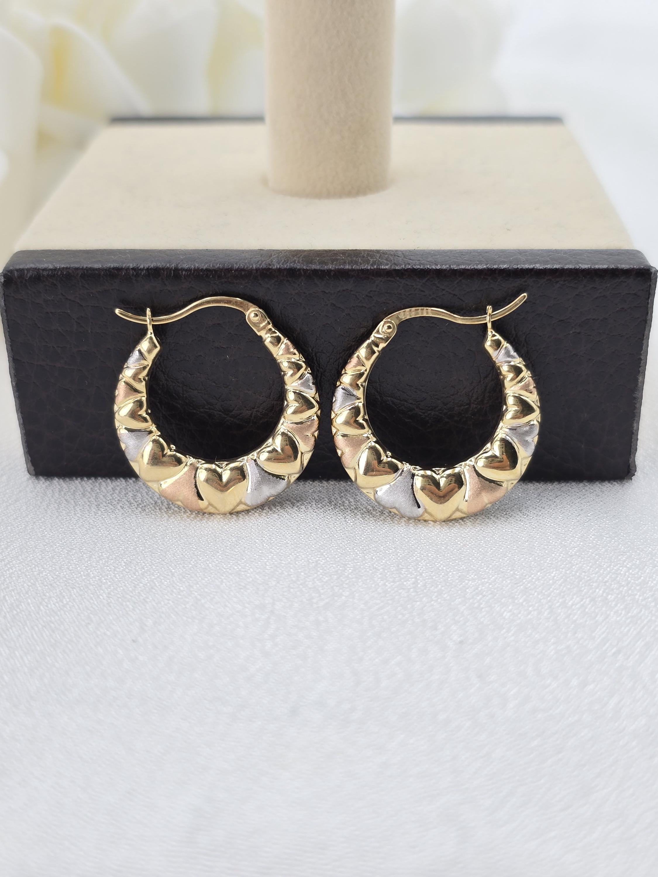 14k Gold Tricolor Heart Hoops - Double-sided - For Her - Lightweight & Fancy