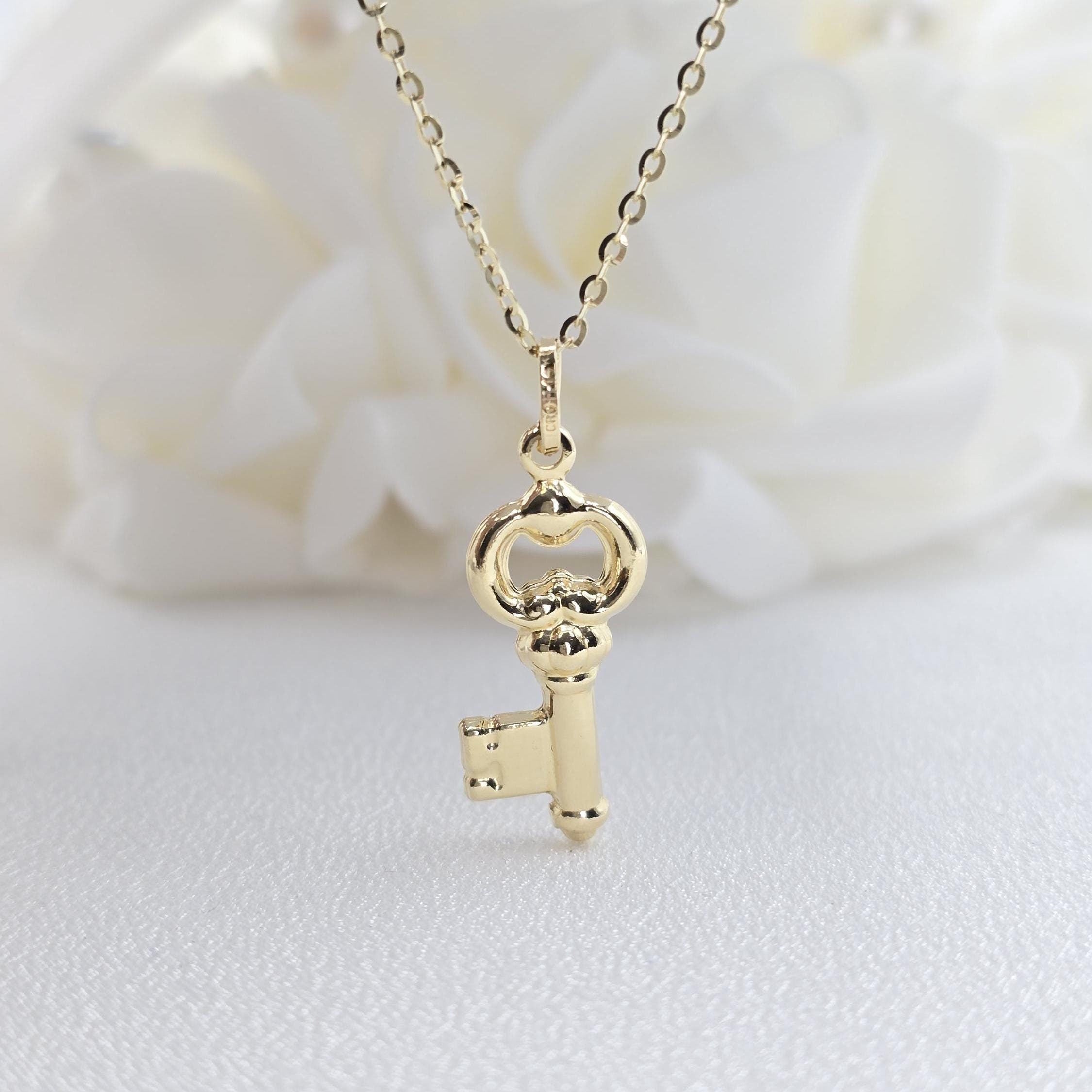 14k Gold Puffed Key Charm Necklace - Cable Necklace - Shiny & Everlasting - For Her - Fine Jewelry