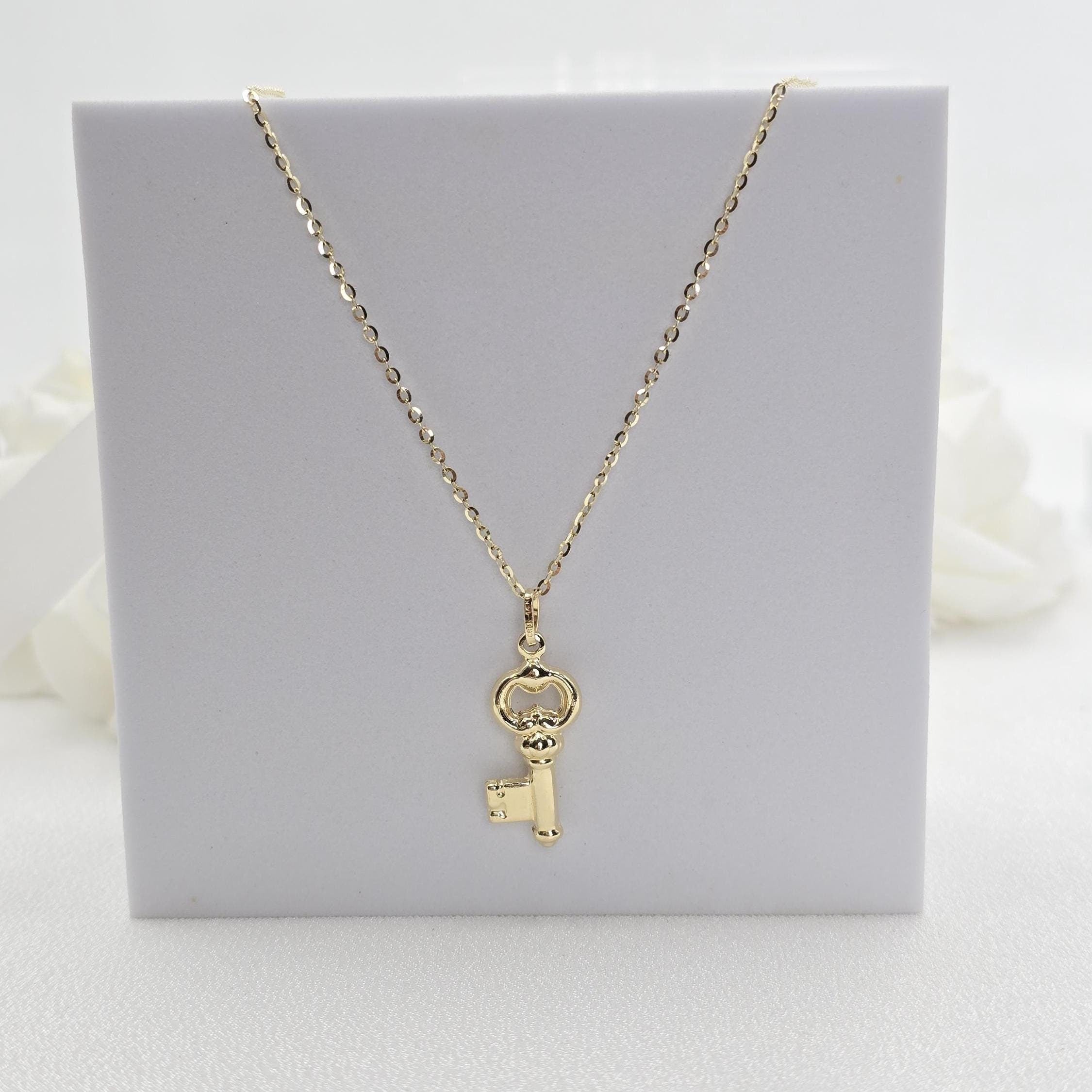 14k Gold Puffed Key Charm Necklace - Cable Necklace - Shiny & Everlasting - For Her - Fine Jewelry